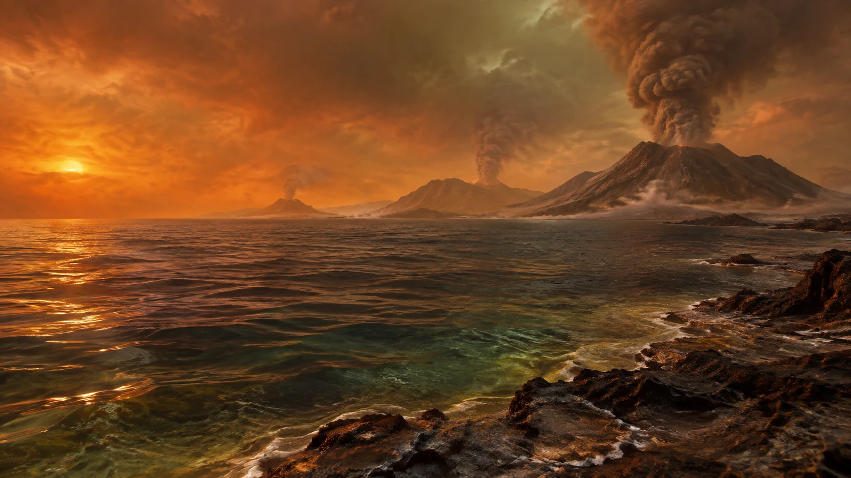 Urozean der Erde unter dunstigem Vulkanhimmel