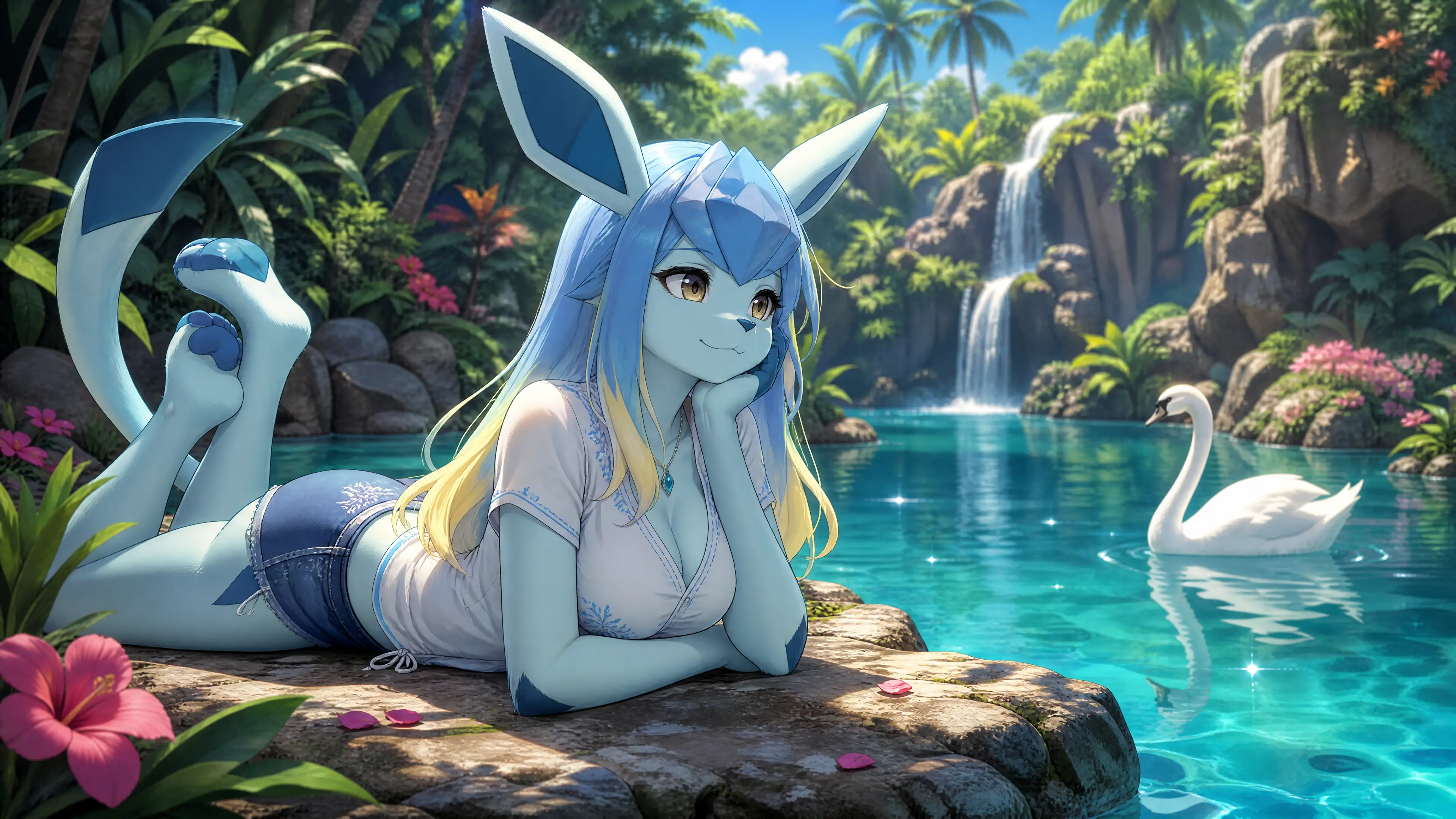 Anthro glaceon character watching a swan by jungle pool