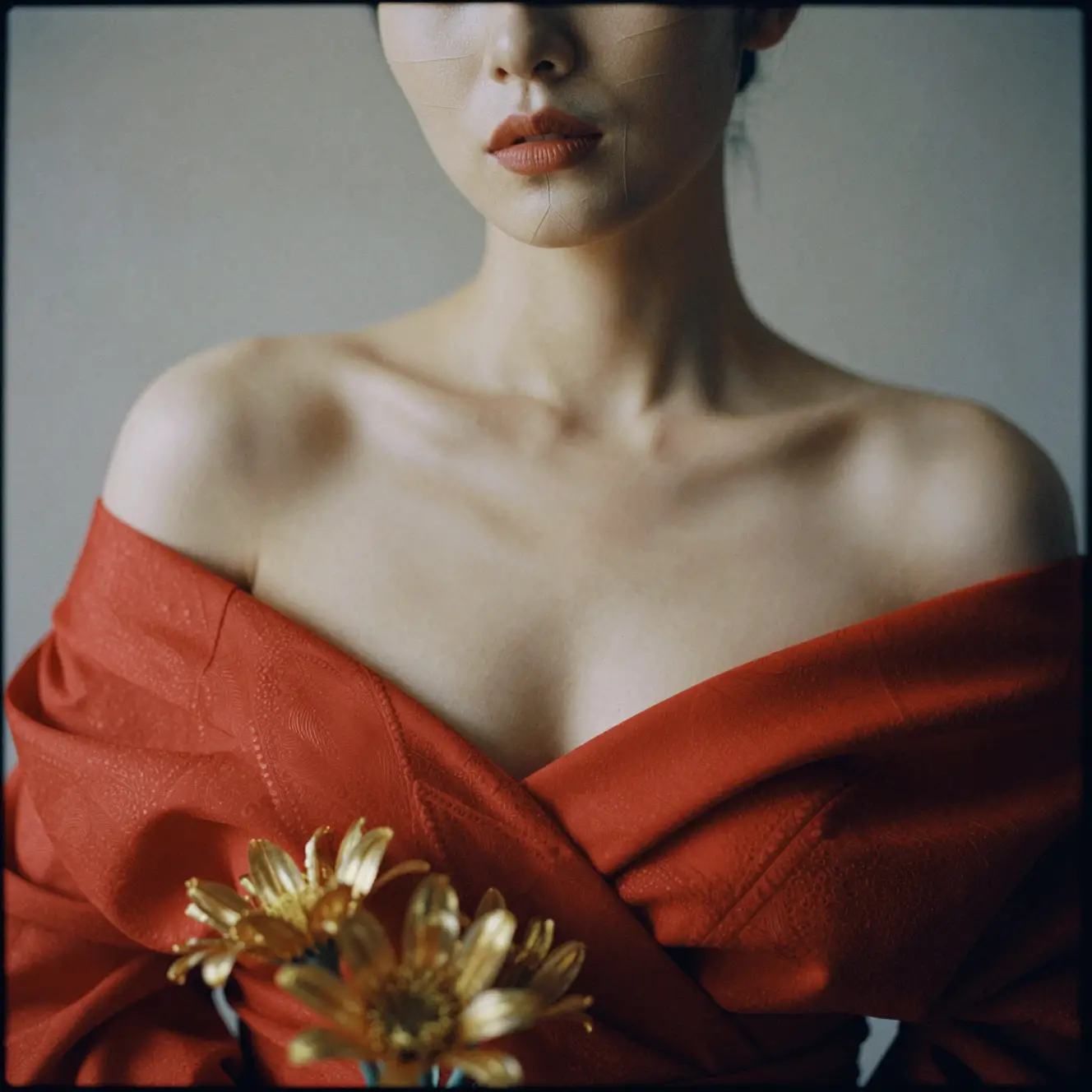 Minimalist portrait of a chic woman in red couture