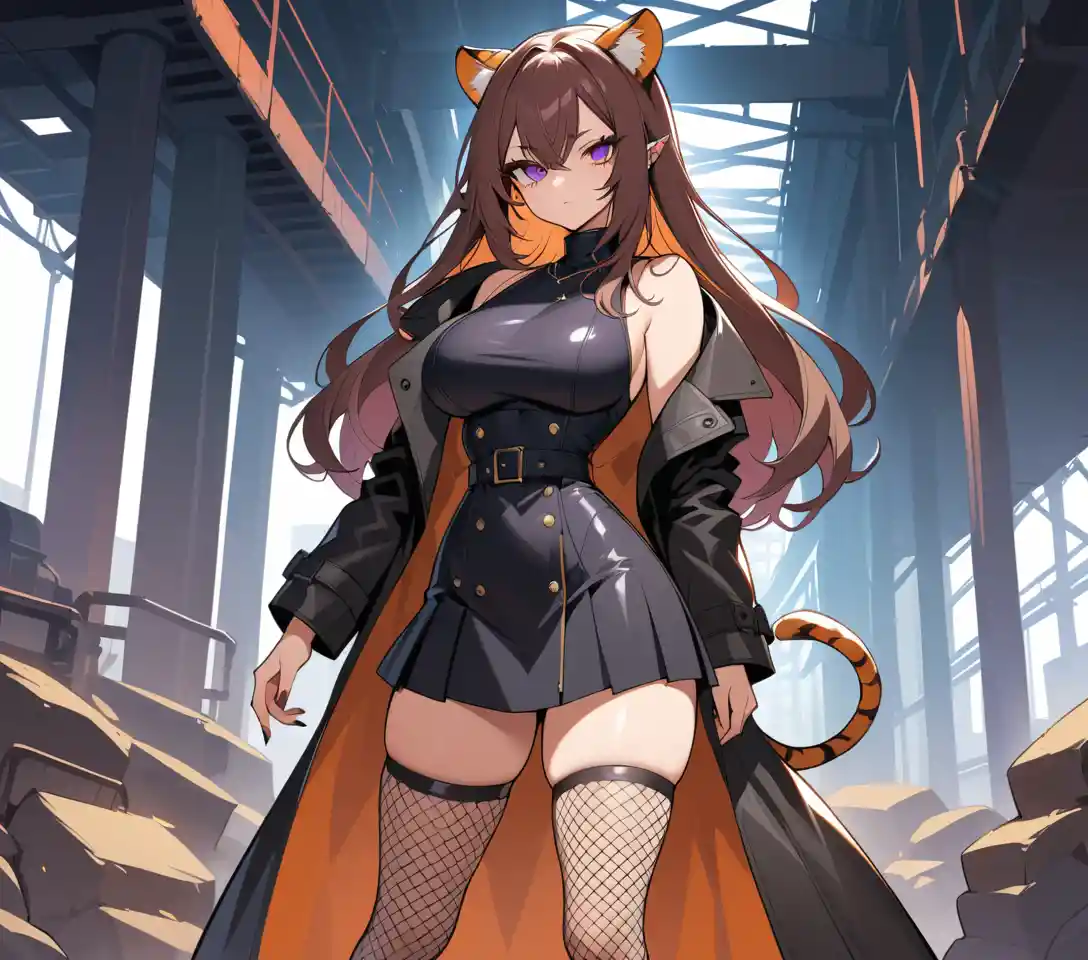 Fierce woman with tigress features in industrial cityscape