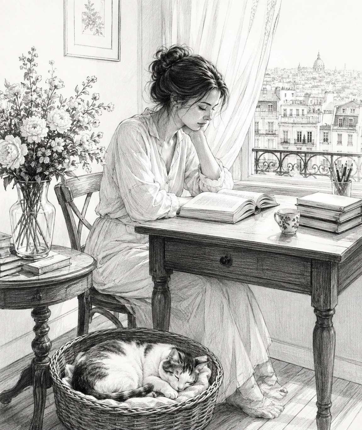 Mujer Leyendo en un Escritorio en un Hogar Tranquilo