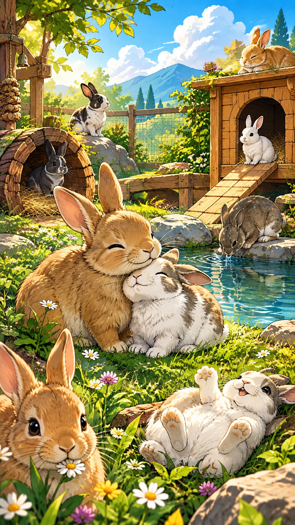Cute rabbits playing in a sunny outdoor enclosure illustration