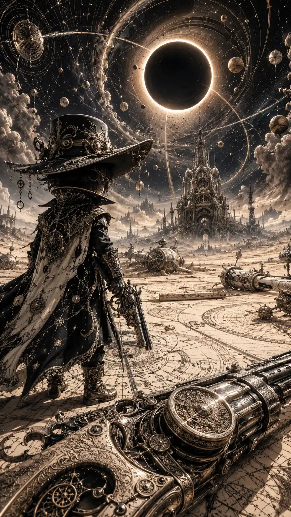 Celestial gunslinger in a vast cosmic desert