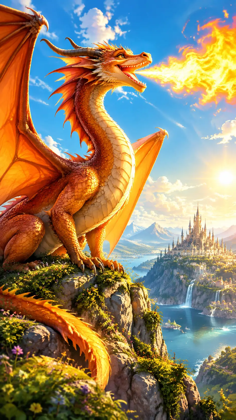 Cheerful fire breathing dragon under bright fantasy sunlight