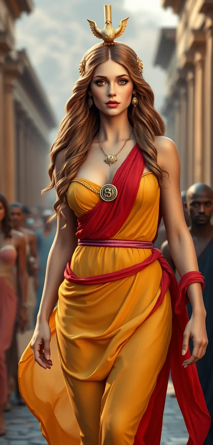 Ancient Greek priestess walking through a crowded city street