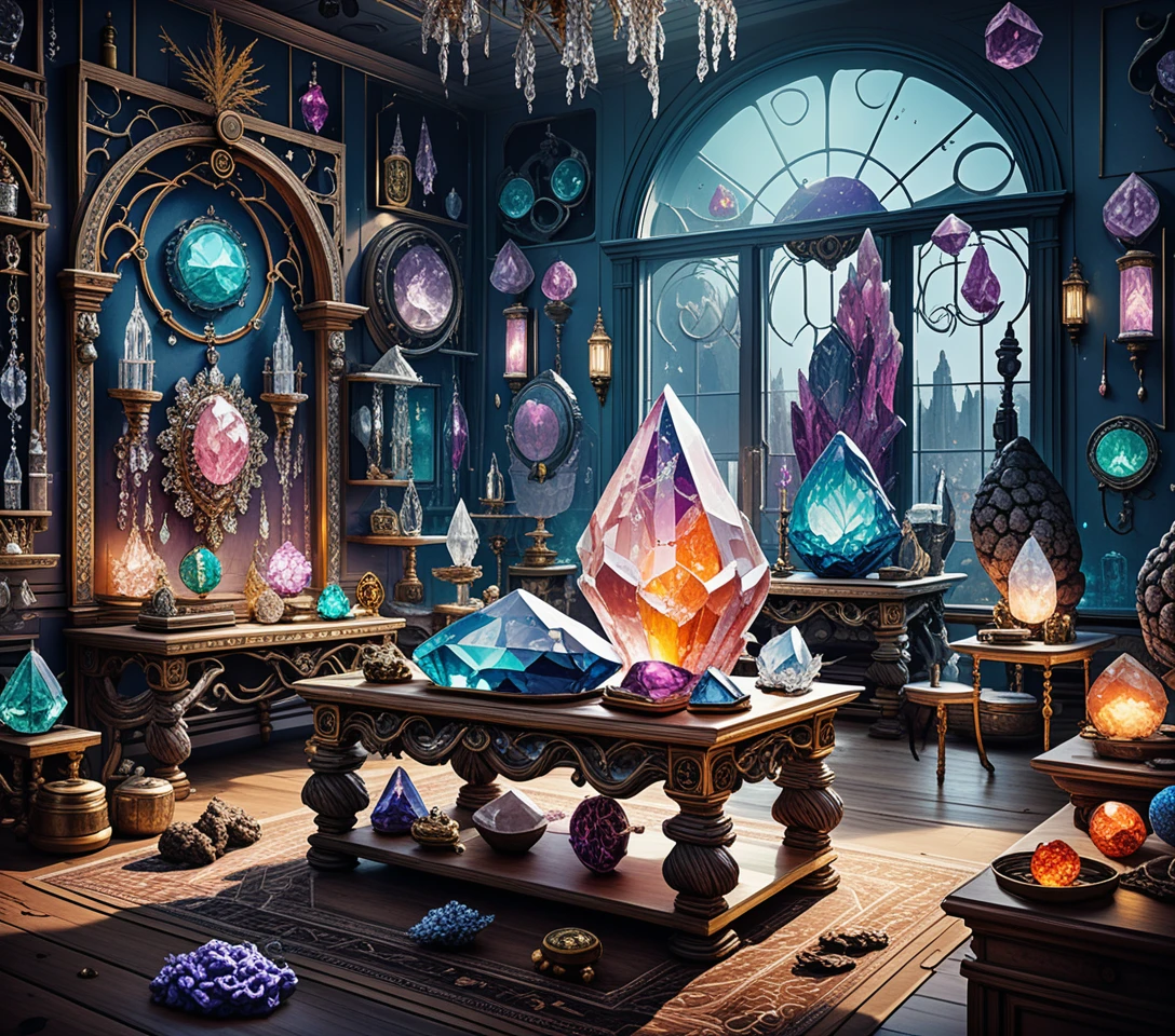 Mystical crystal jewelry gallery bathed in bright sunlight