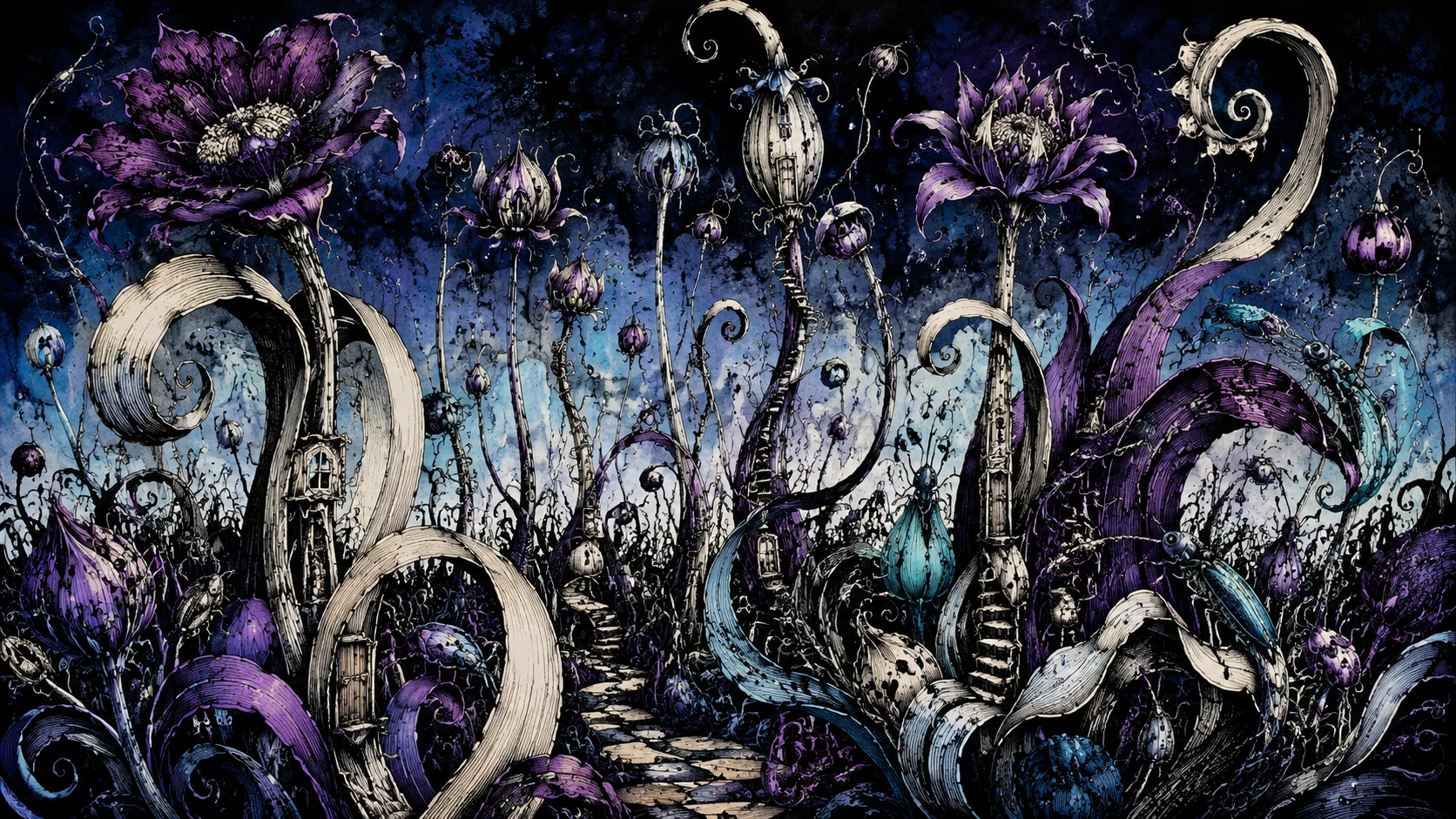 Surreal Overgrown Garden With Twisted Plants And Tiny Doors