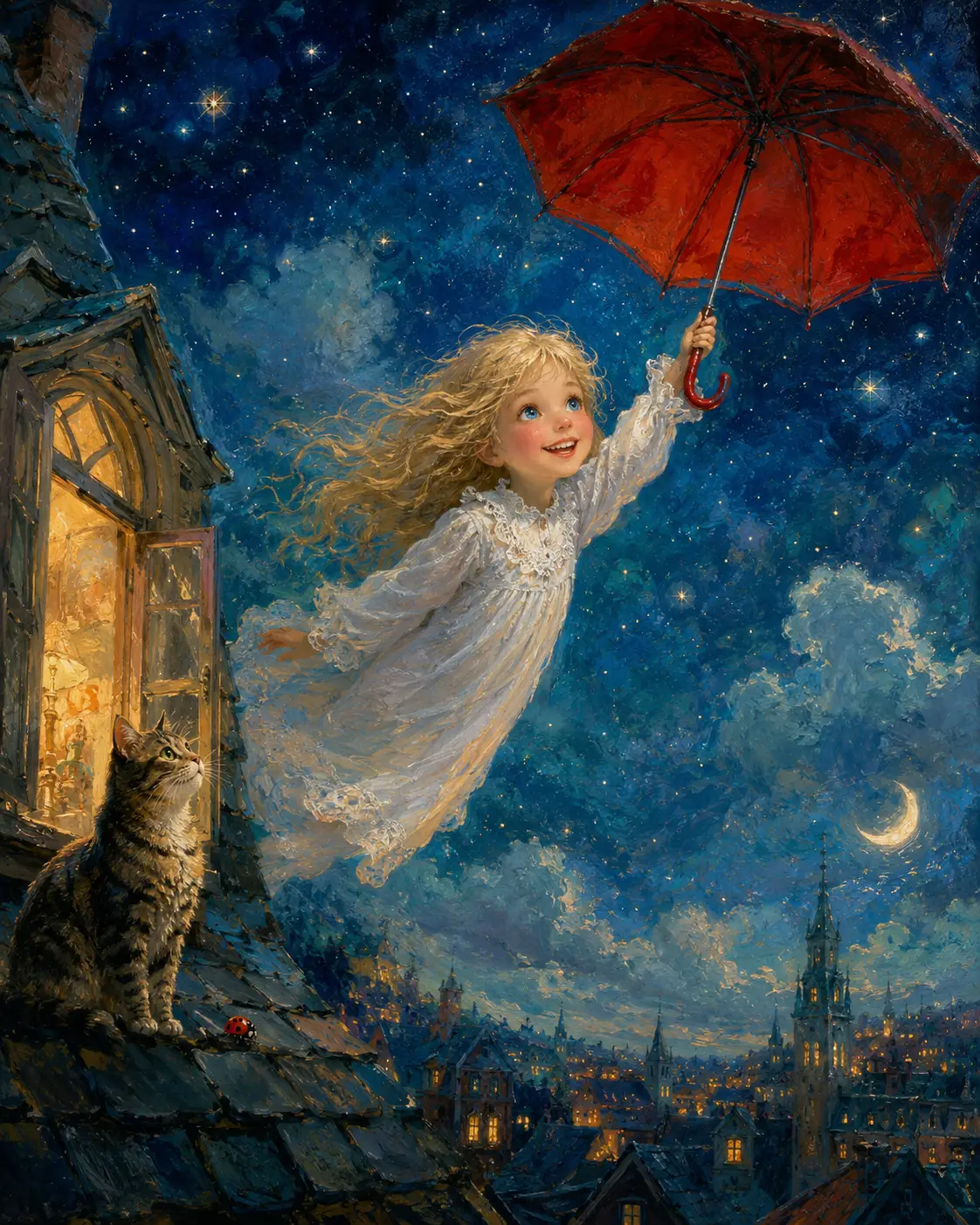 Flying girl with red umbrella over starry night sky