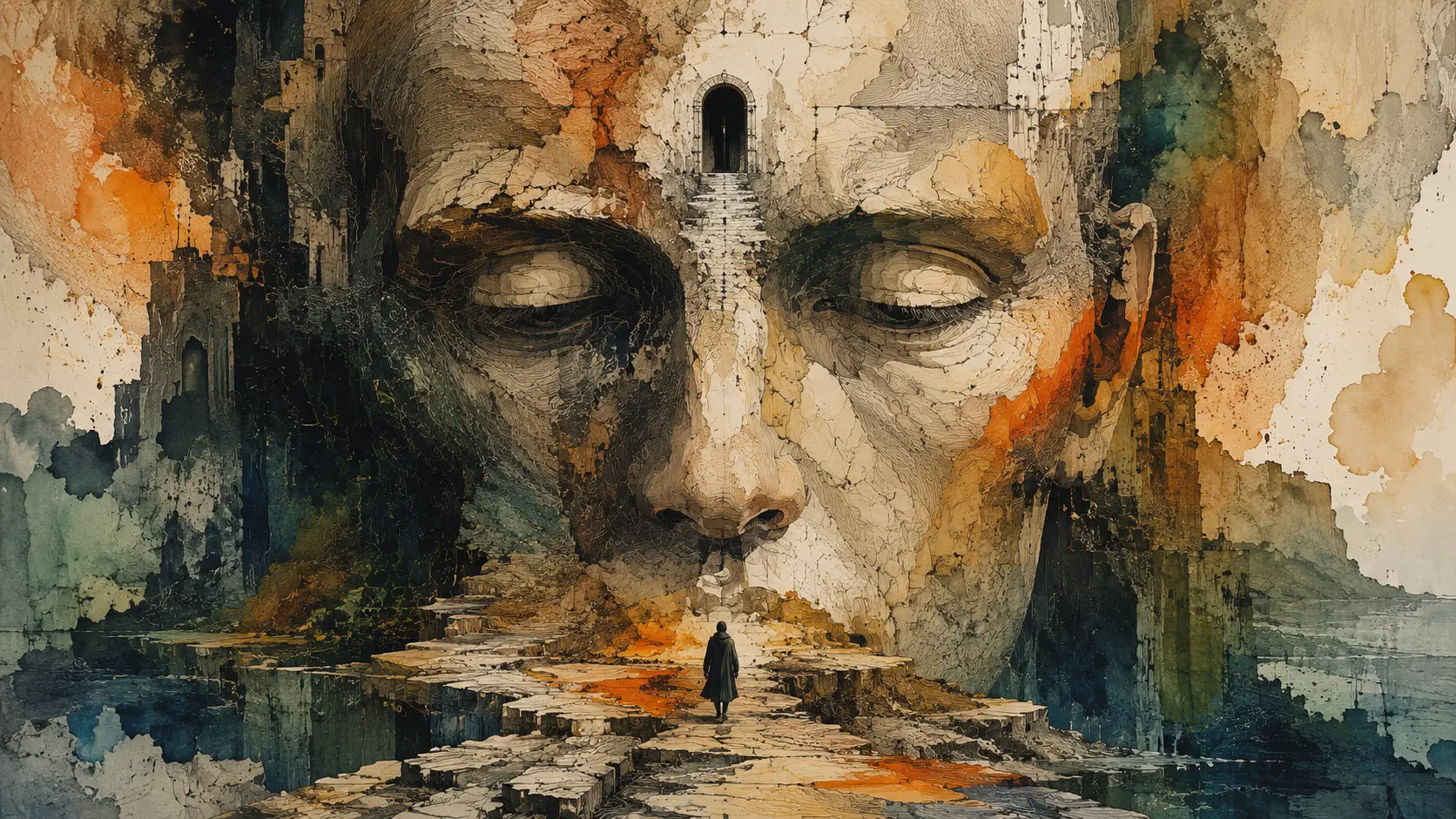 Giant human face monument rising from surreal contour landscape