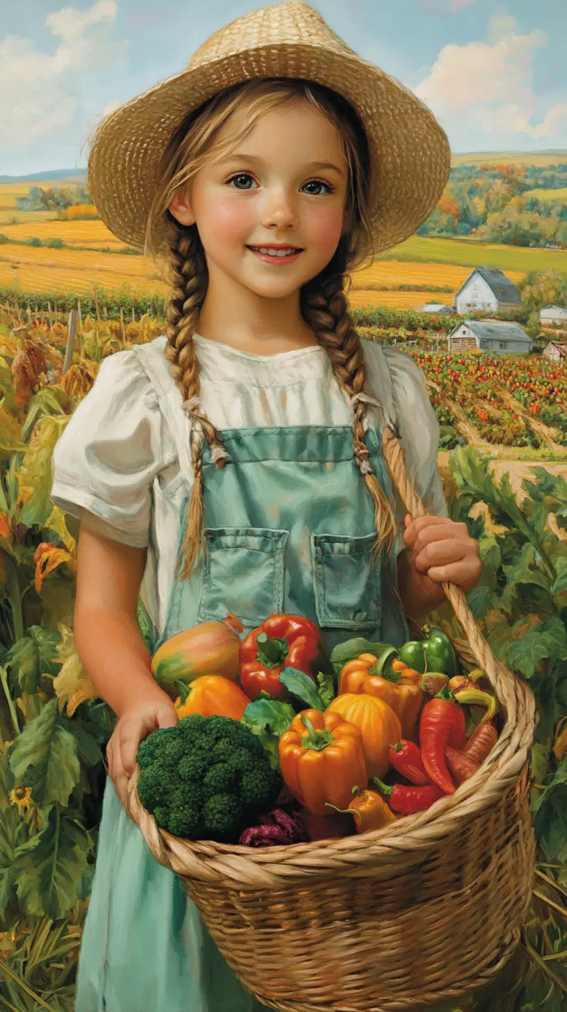 Smiling farm girl holding harvest basket in sunny fields