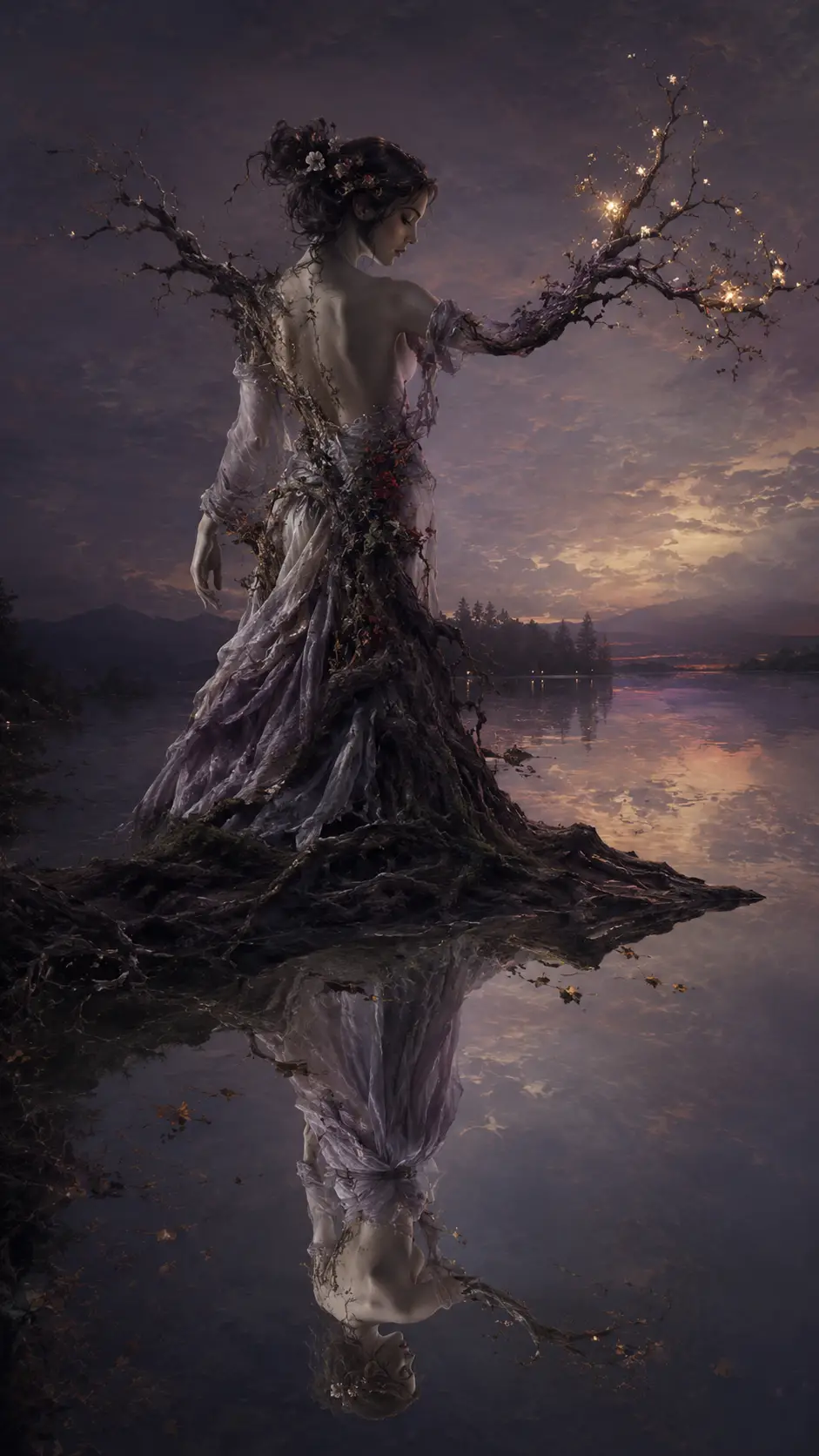 Woman merging with ancient tree beside a silent dusk lake