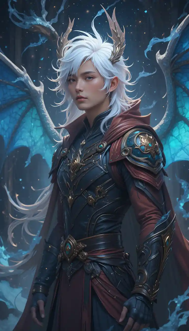 Guerreiro alado de dragão de anime com olhos azuis e armadura