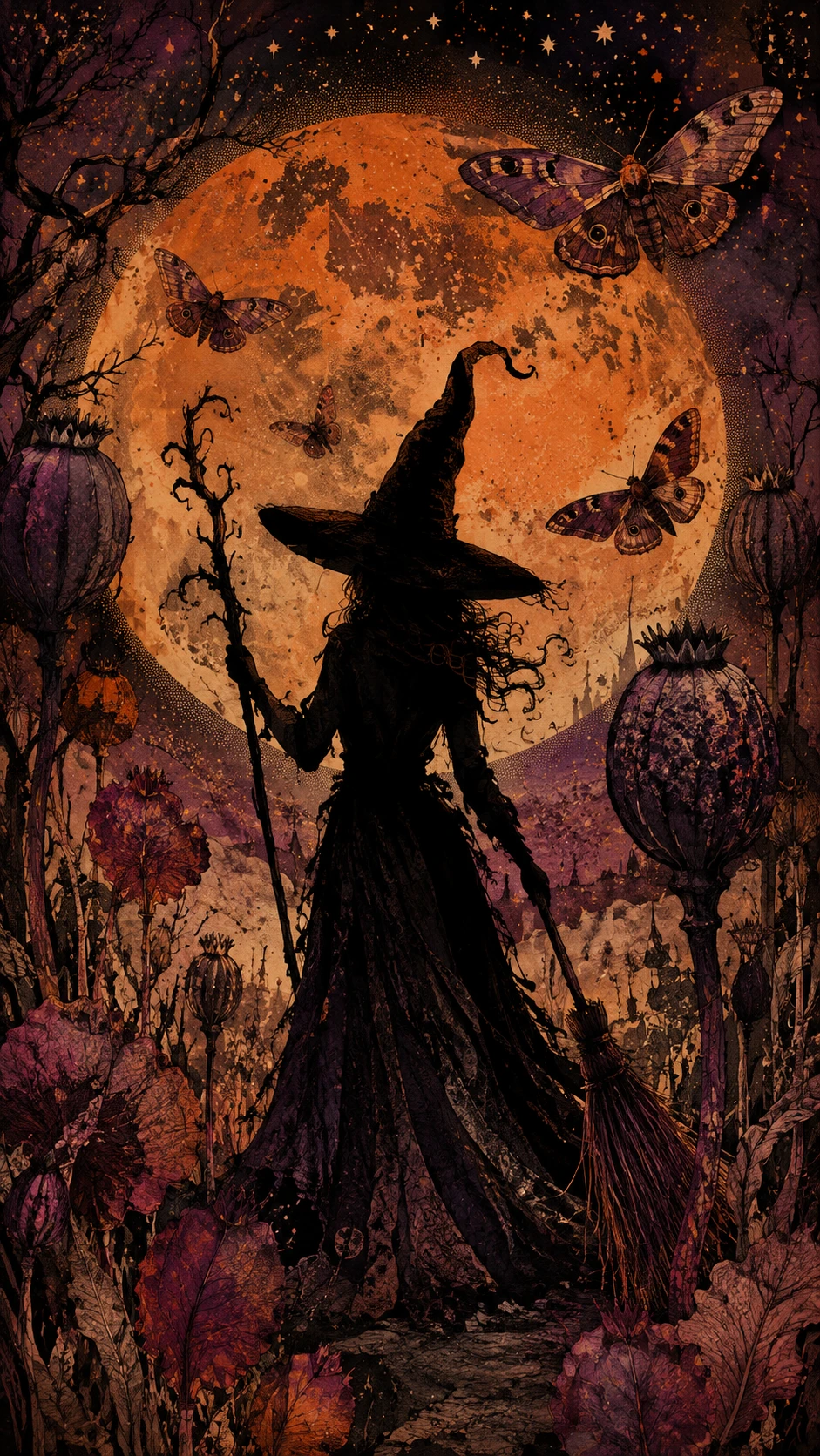Silhouette d’une sorcière solitaire dans un jardin enchanté à minuit