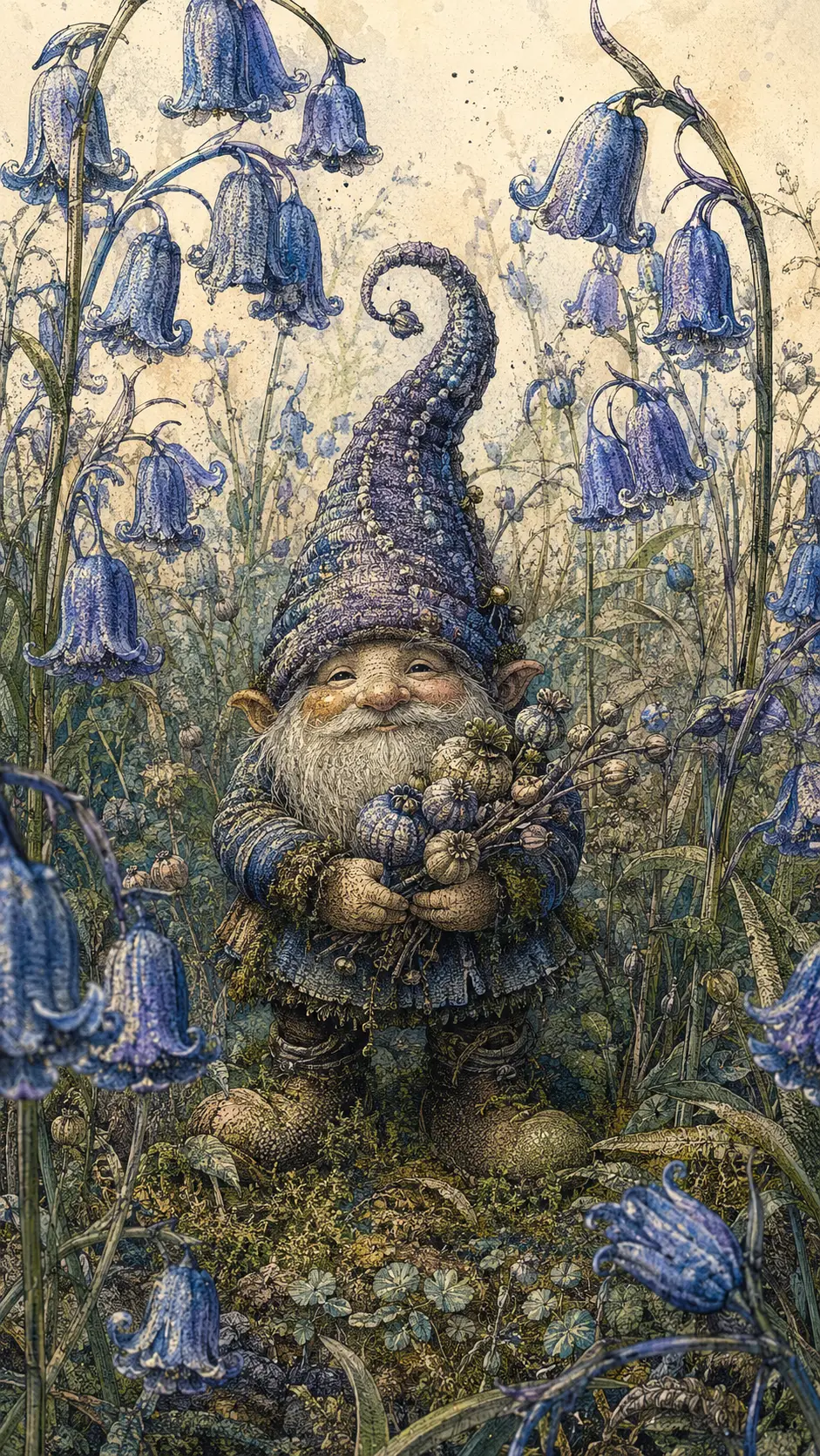 Winziger Gnom zwischen riesigen Glockenblumen in Tintenillustration