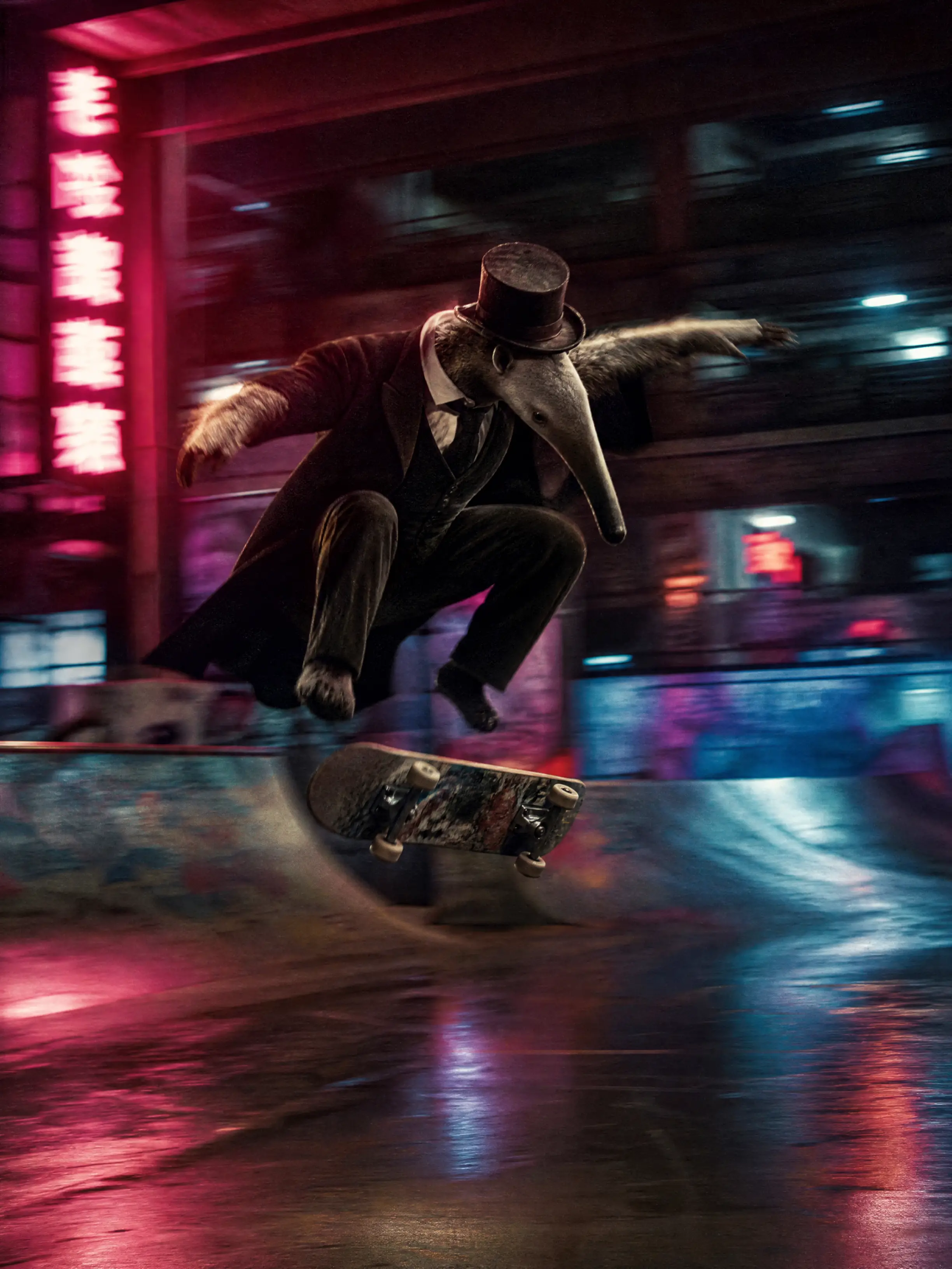 Victorian anteater gentleman skateboarding in neon parking garage