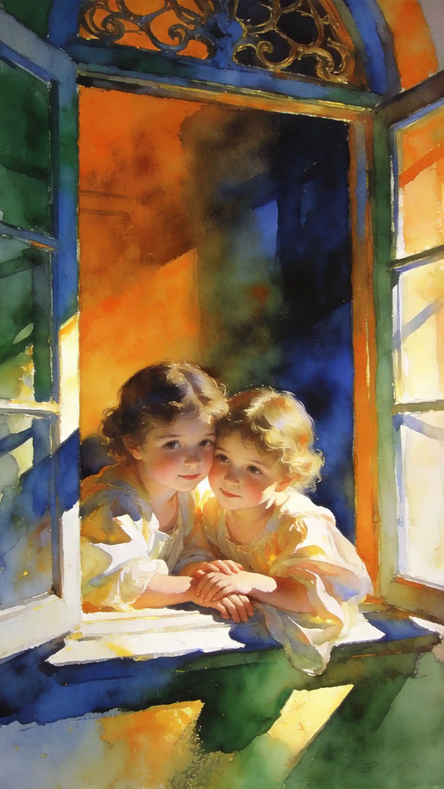 Romantic twin girls painted at a glowing window
