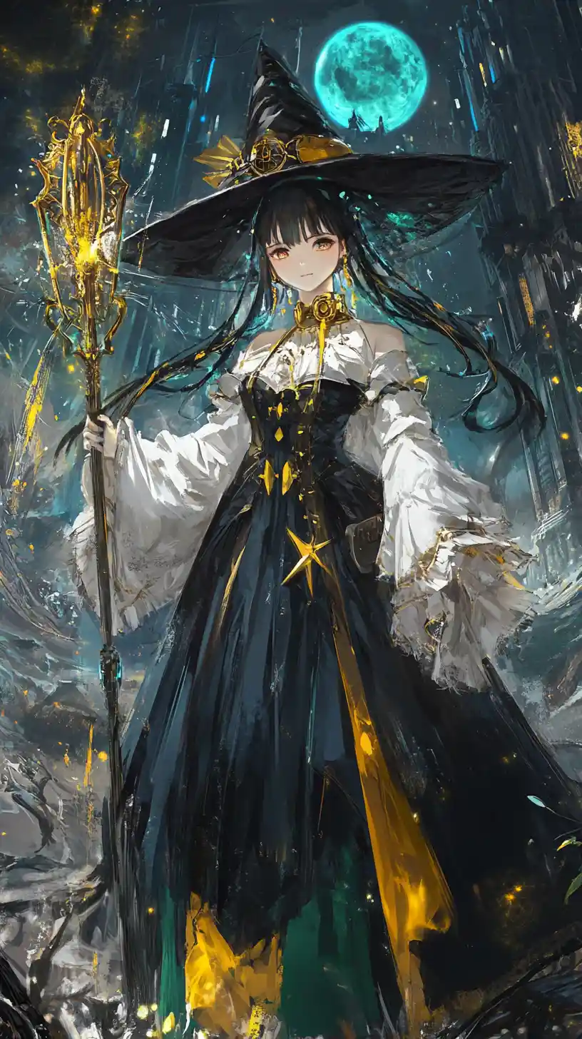Anime-Mädchen im verzierten grünen Outfit mit schwarzem Hut