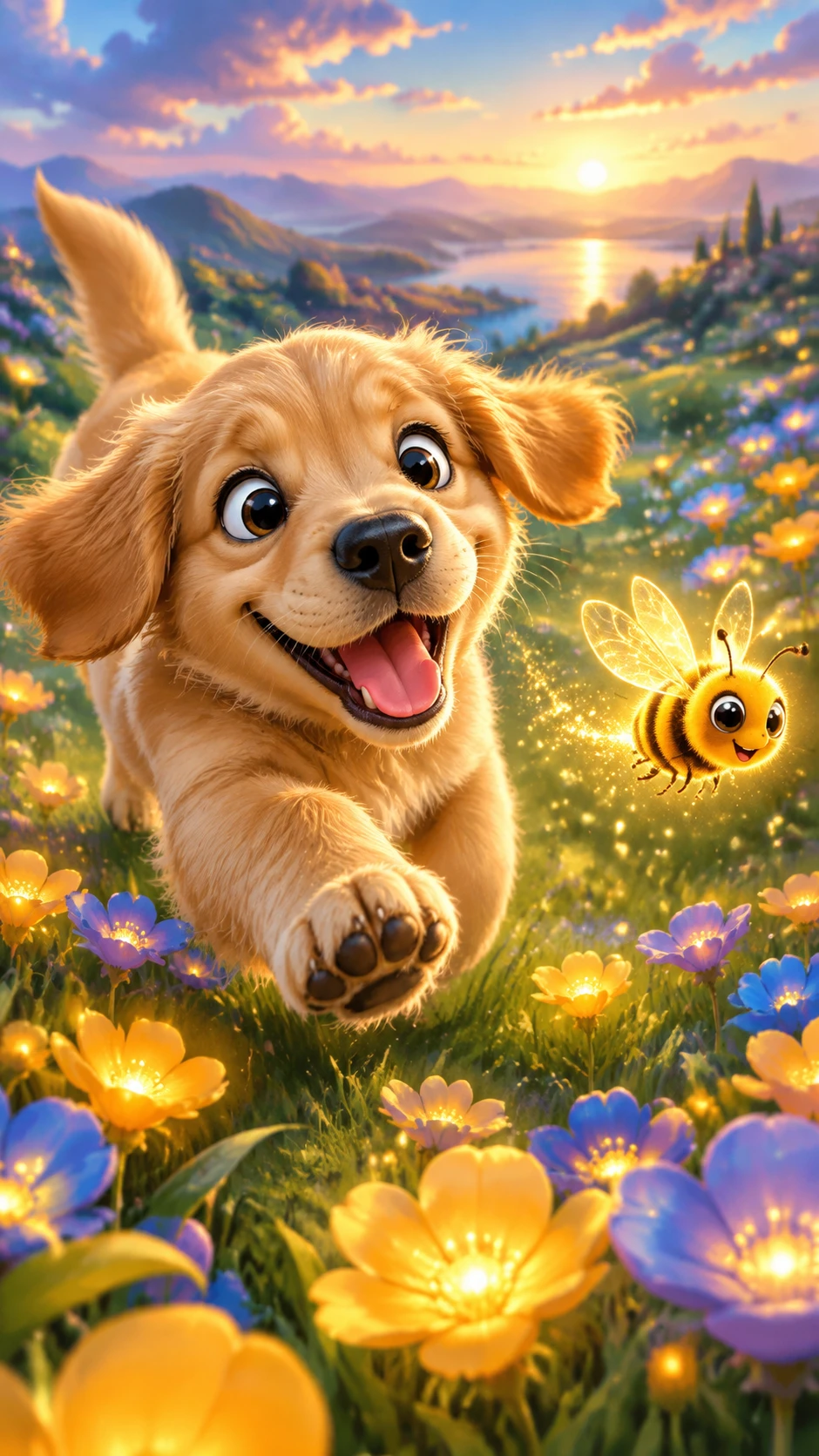 Joyful golden retriever puppy chasing a glowing bee