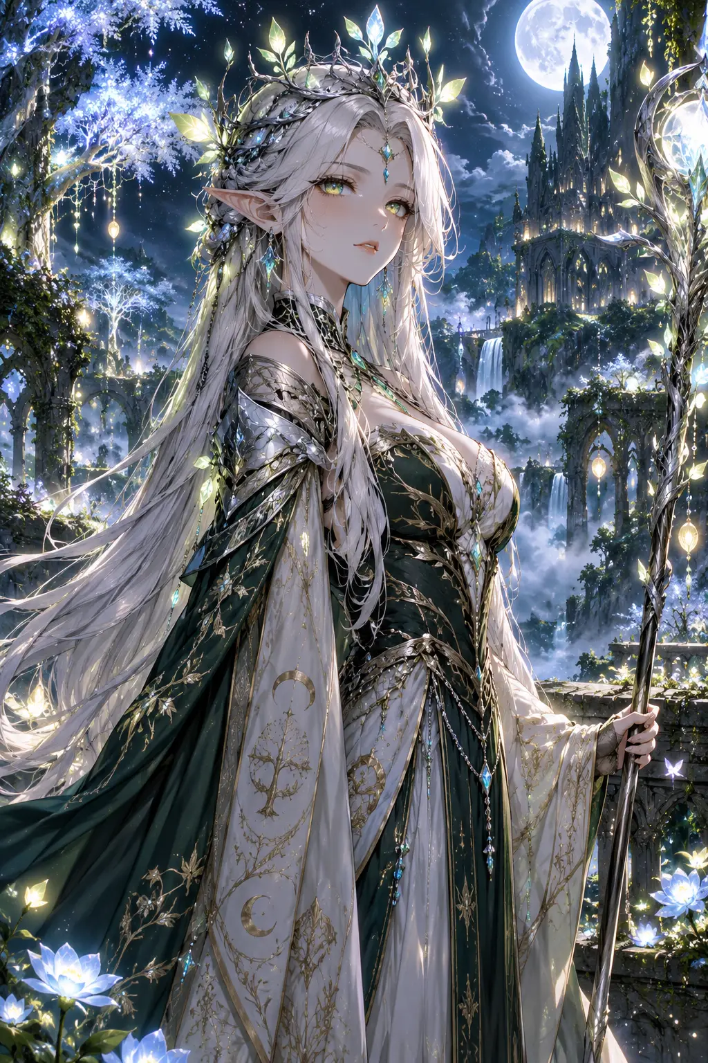 Anime-Elfenkönigin in einem mondbeschienenen Waldpalast