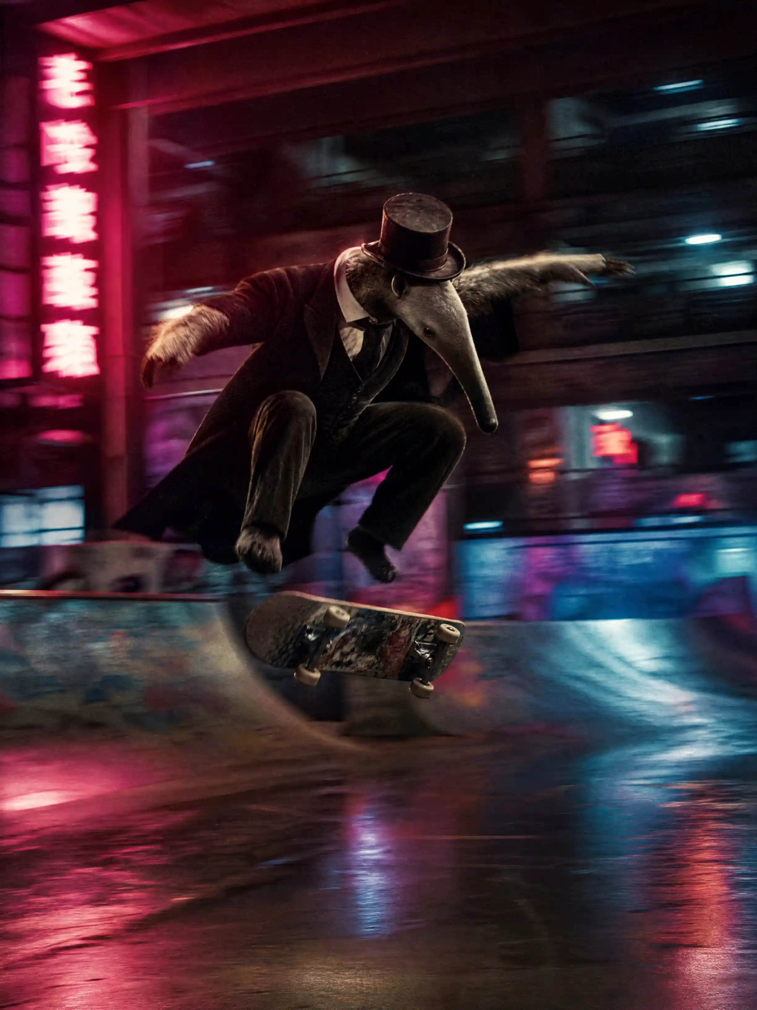 Victorian anteater gentleman skateboarding in neon parking garage