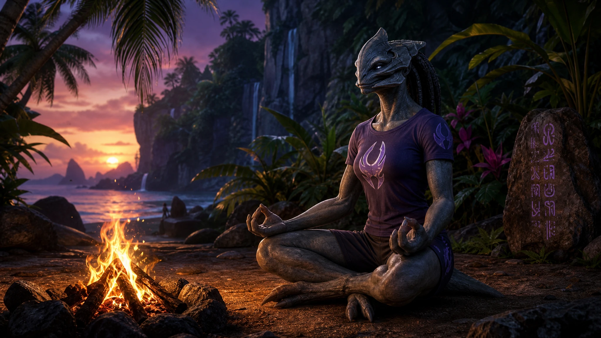 Guerrière alien méditant près d’un feu de camp dans la jungle tropicale