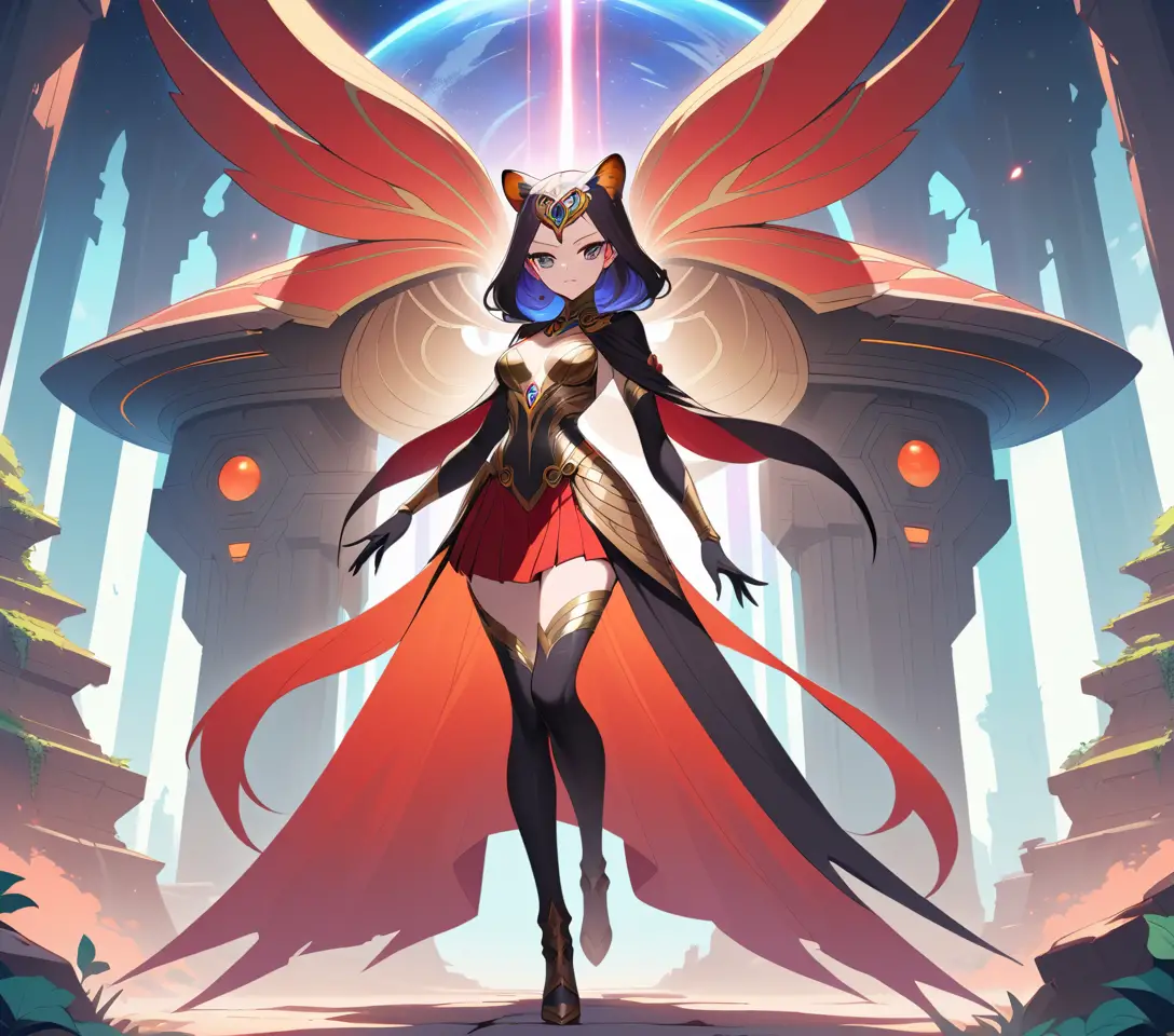 Dark haired sorceress in ruins with flowing crimson skirt