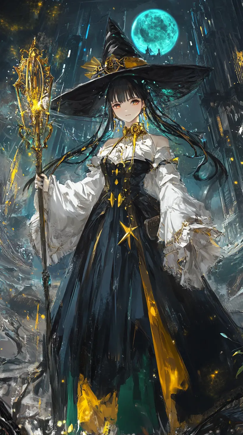 Anime-Mädchen im verzierten grünen Outfit mit schwarzem Hut
