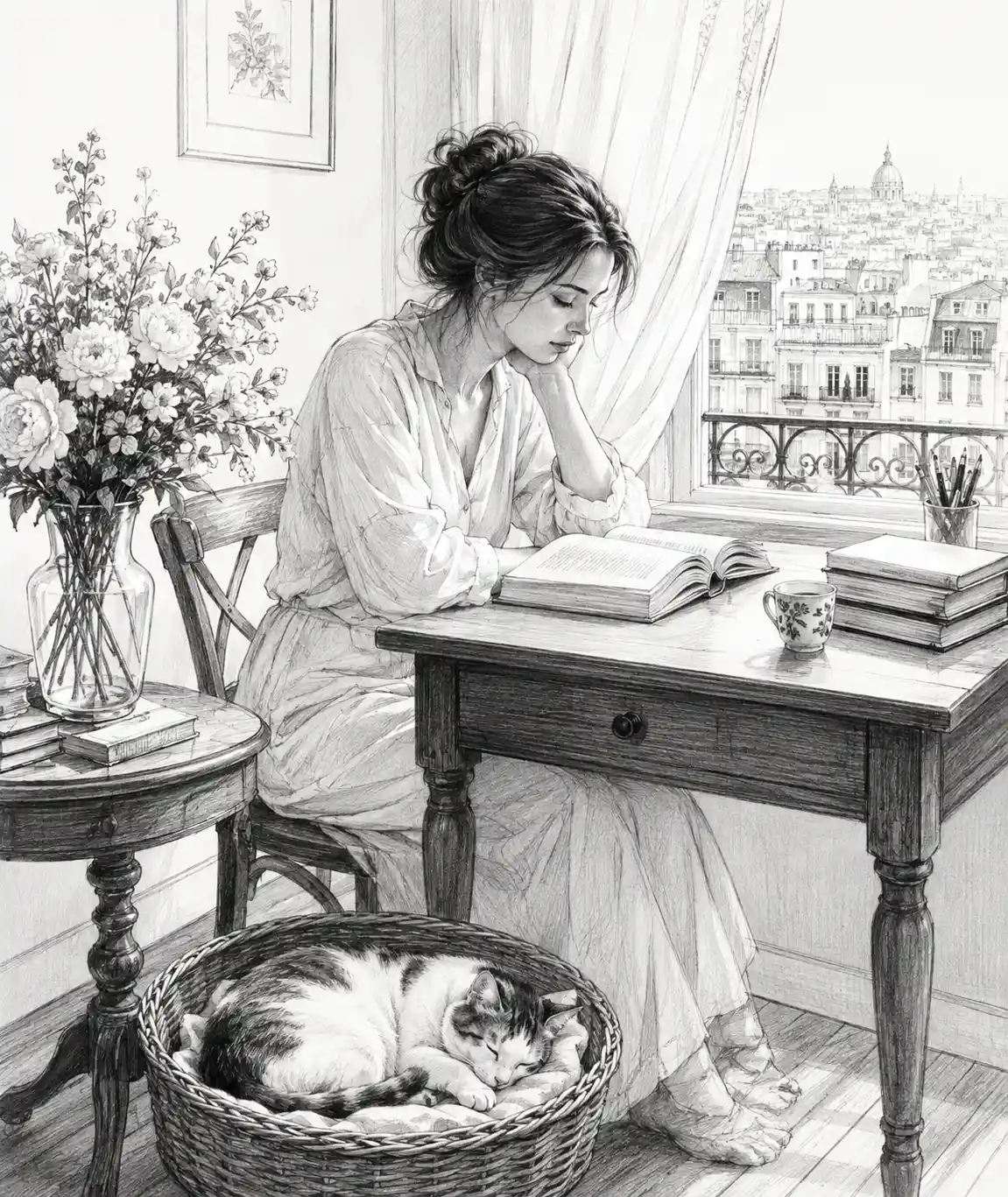 Mujer Leyendo en un Escritorio en un Hogar Tranquilo
