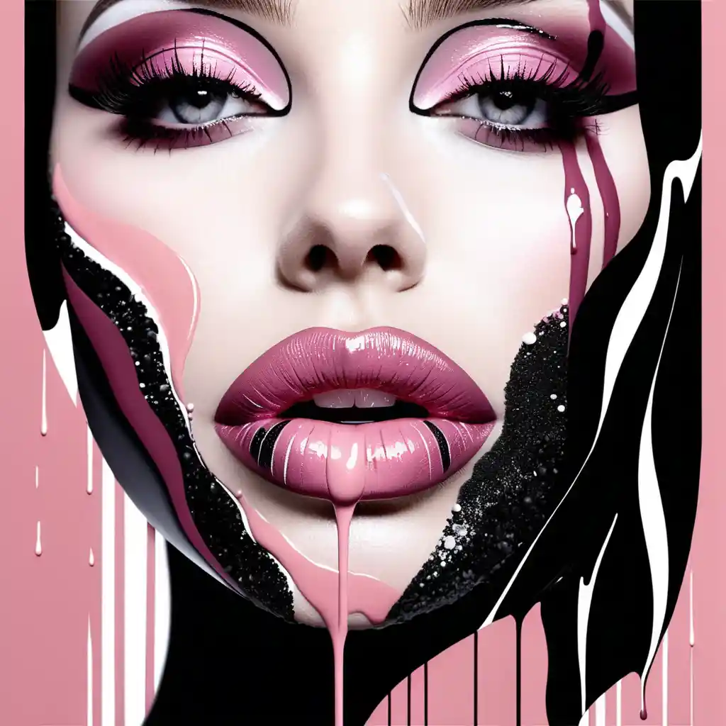 Fashion collage of eye makeup, lips and abstract stripes