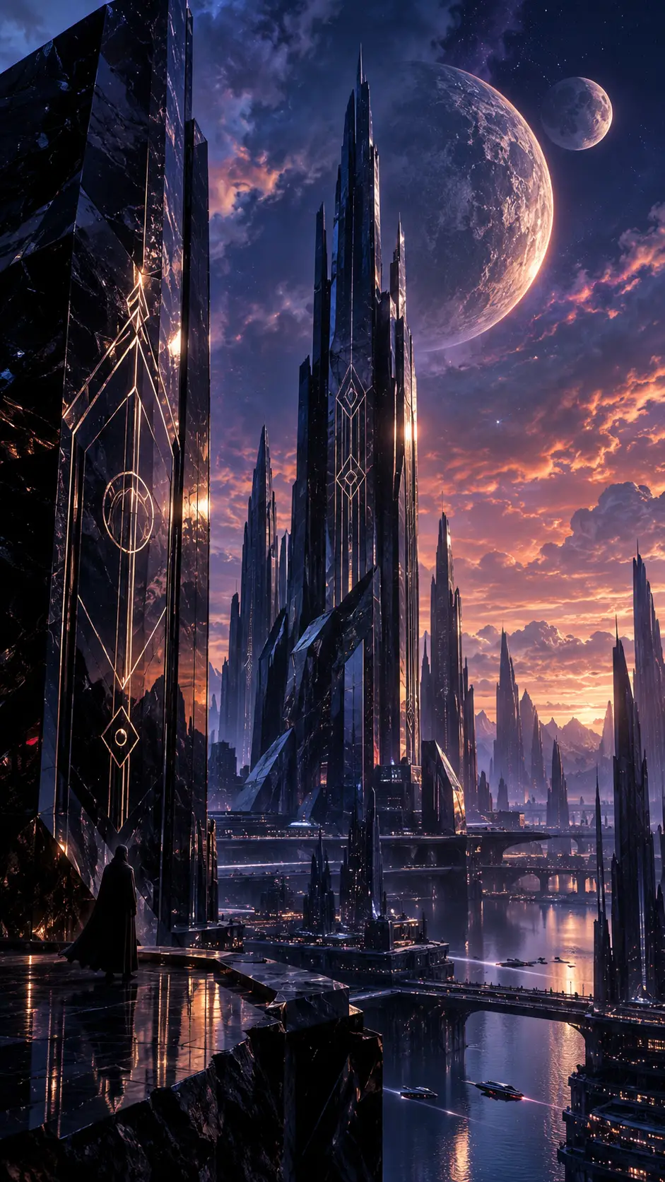Futuristische Obsidian-Wolkenkratzer unter einem leuchtenden fremden Himmel