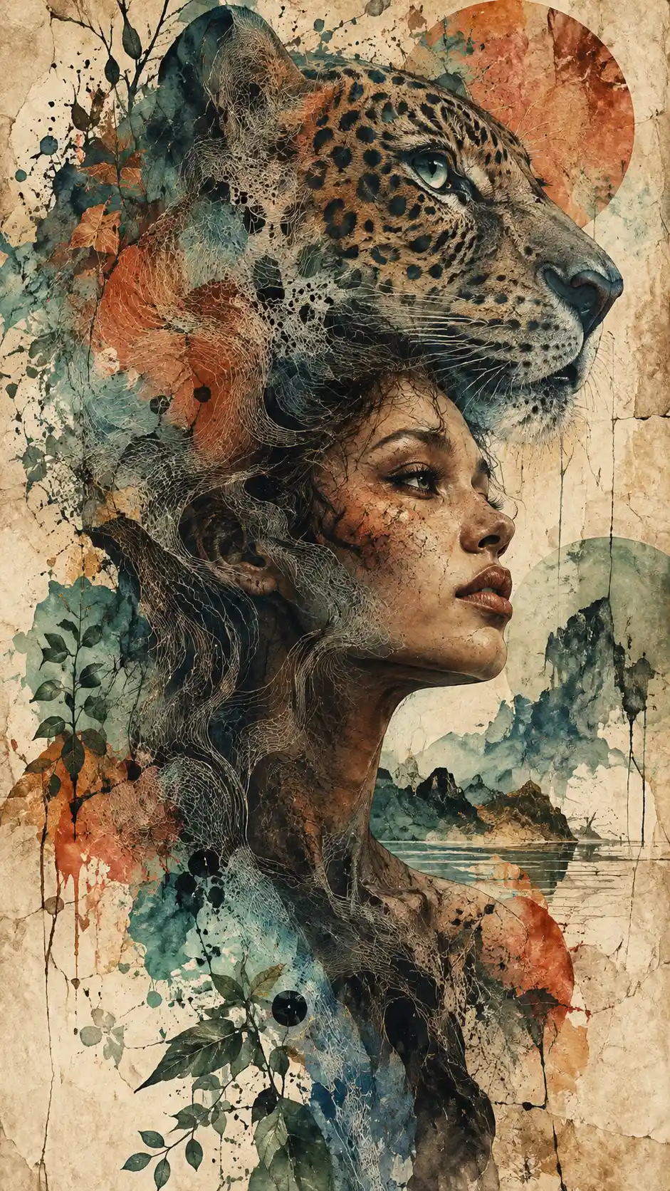 Surreal portrait merging human face with translucent animal form