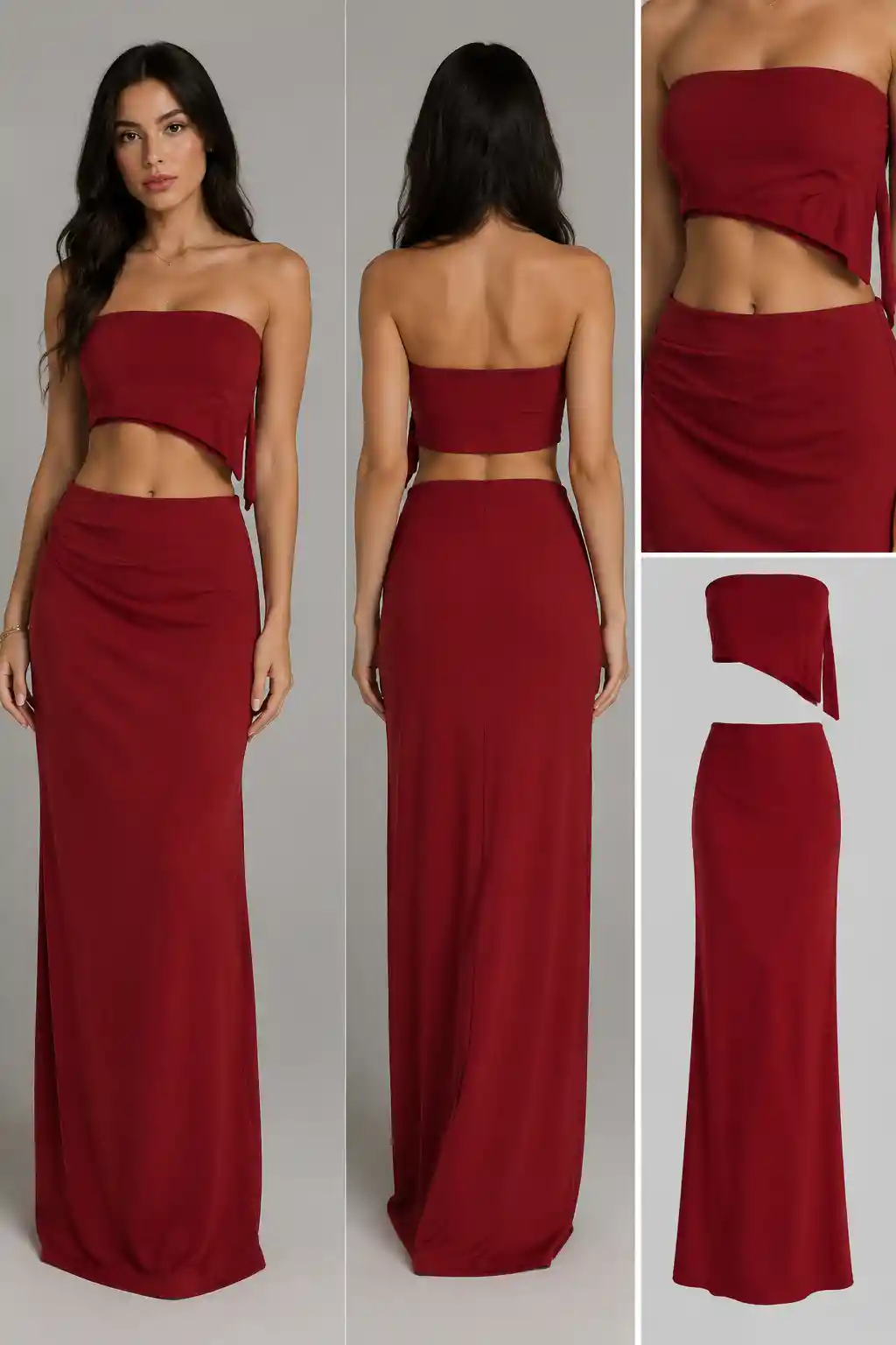 Strapless top and long skirt in dark red outfit design