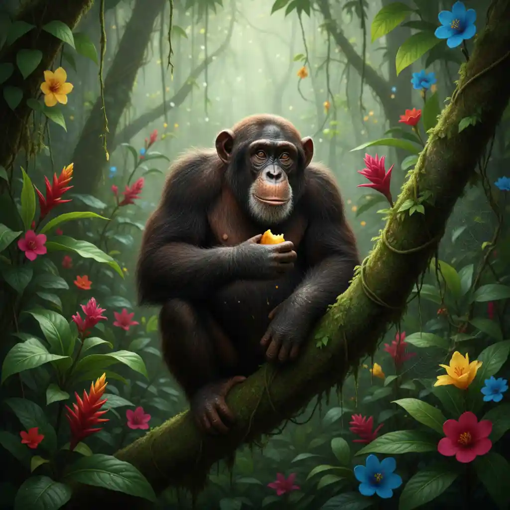Curious chimpanzee resting on a branch in lush jungle