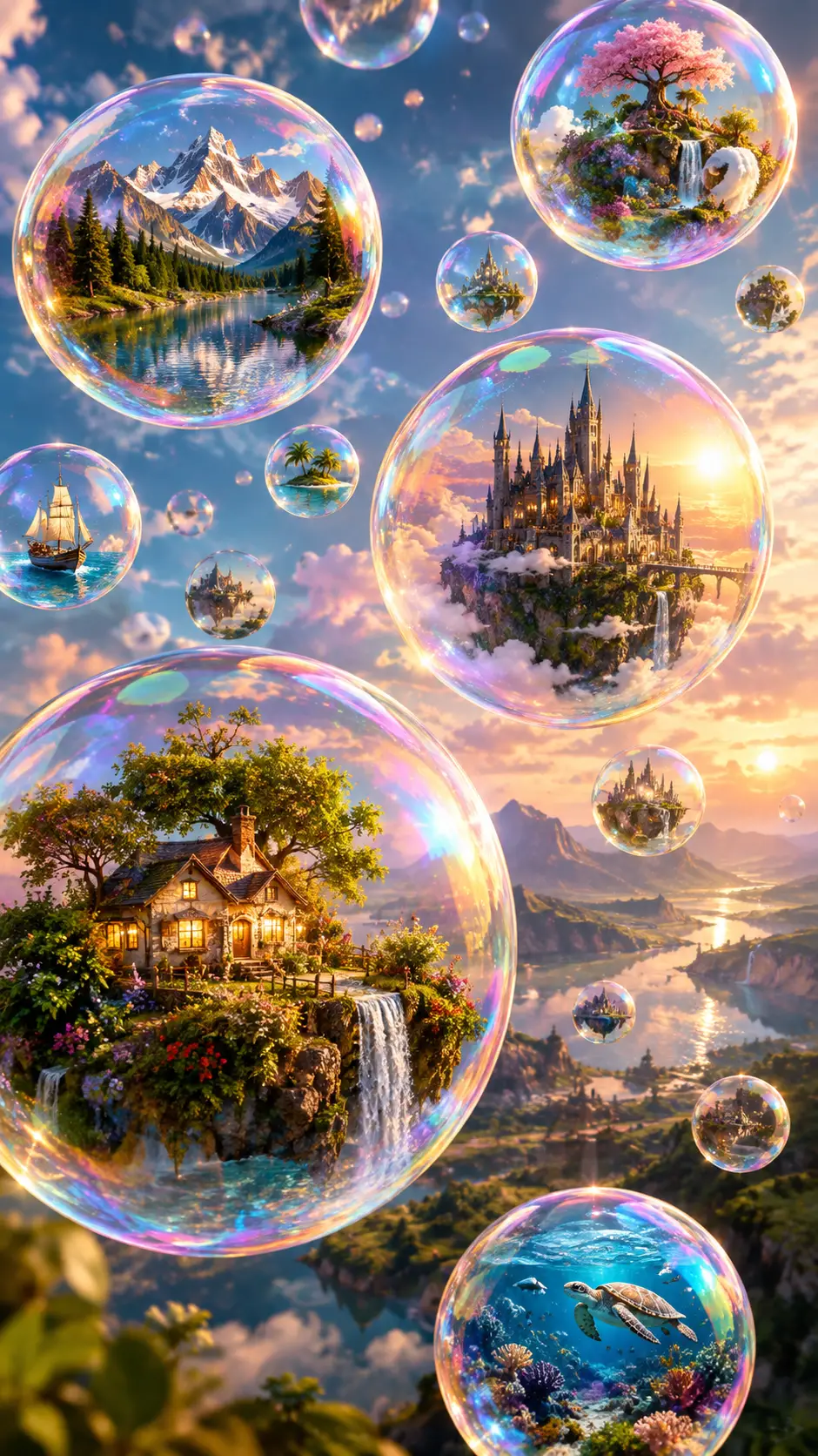 Surrealer Traum aus irisierenden Blasen mit winzigen Welten