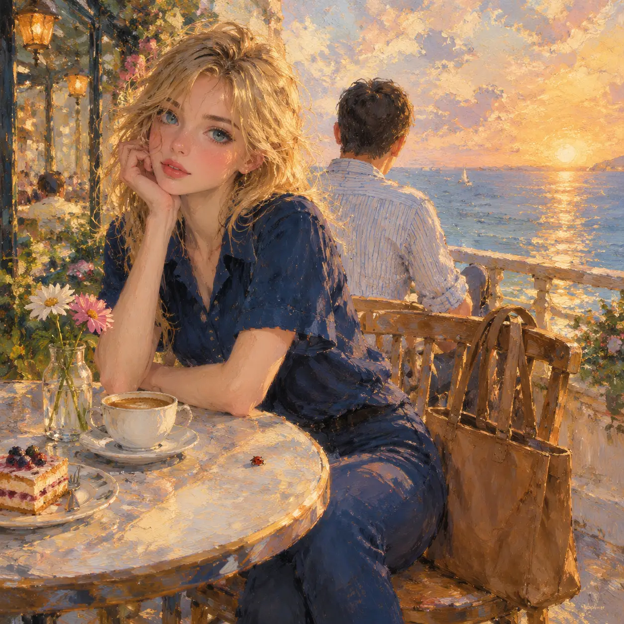 Blonde woman in navy outfit at seaside cafe table