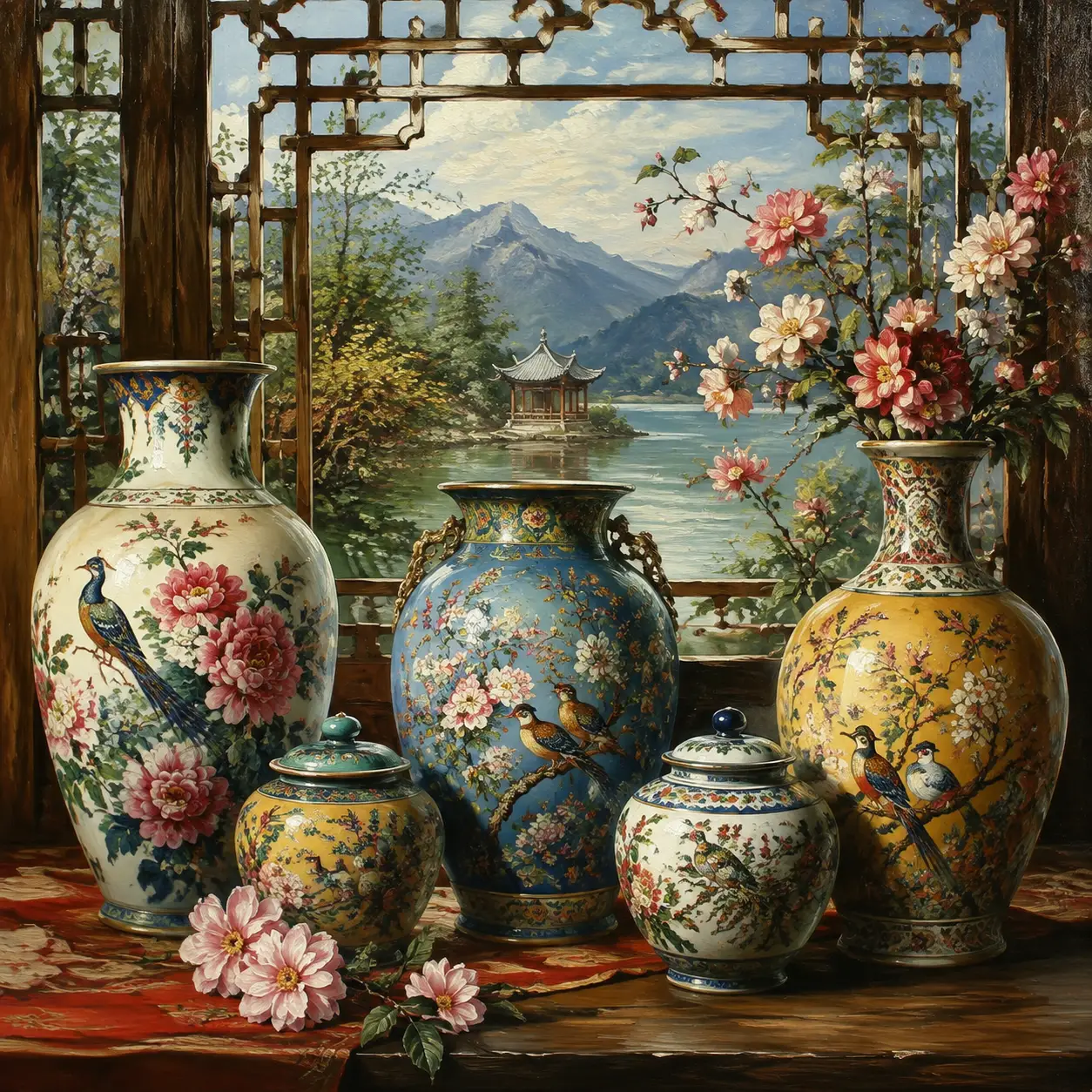 Colorful Chinese porcelain vases by a window to a lake