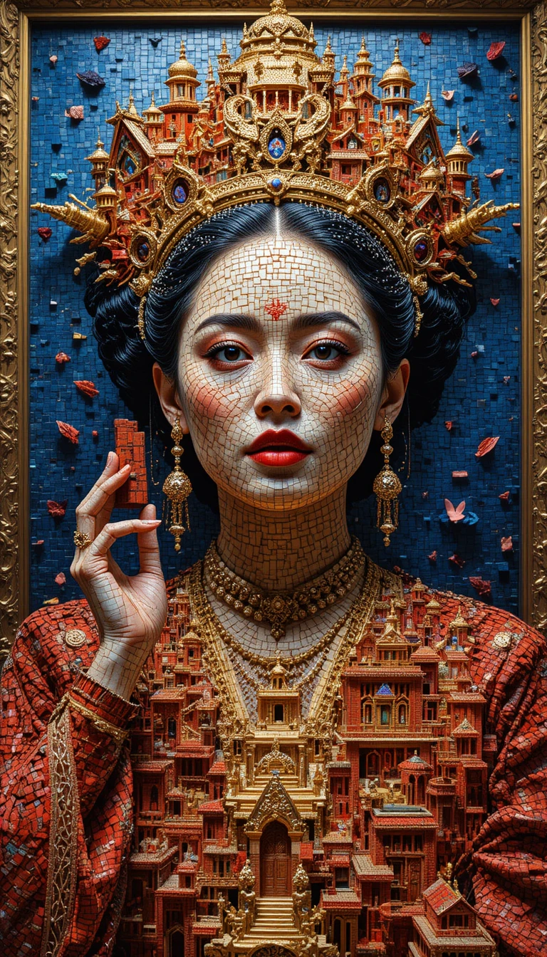 Majestosa imperatriz em mosaico emergindo de um grande painel arquitetônico