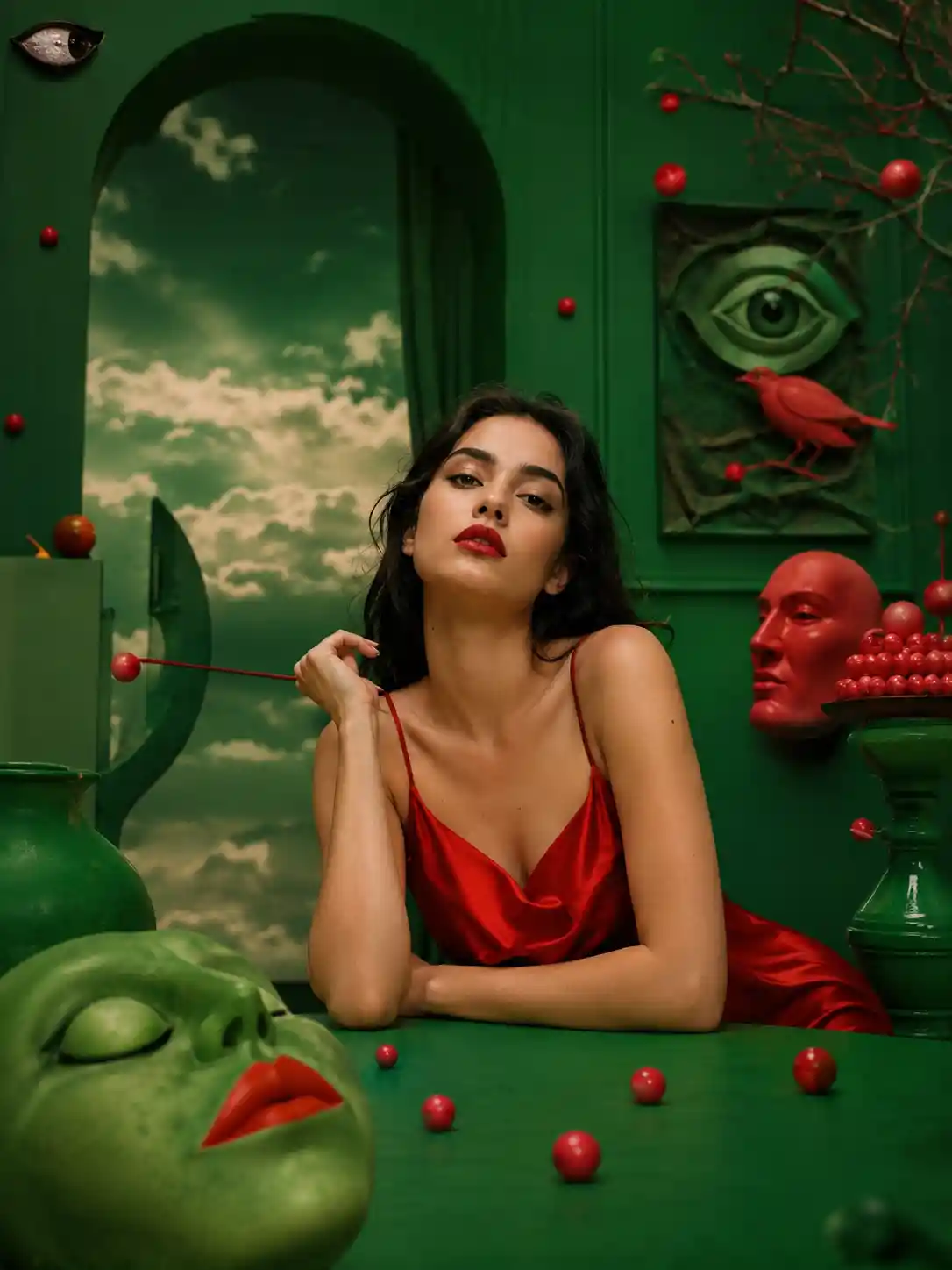 Retrato surreal de uma linda garota em uma cena virtual vibrante