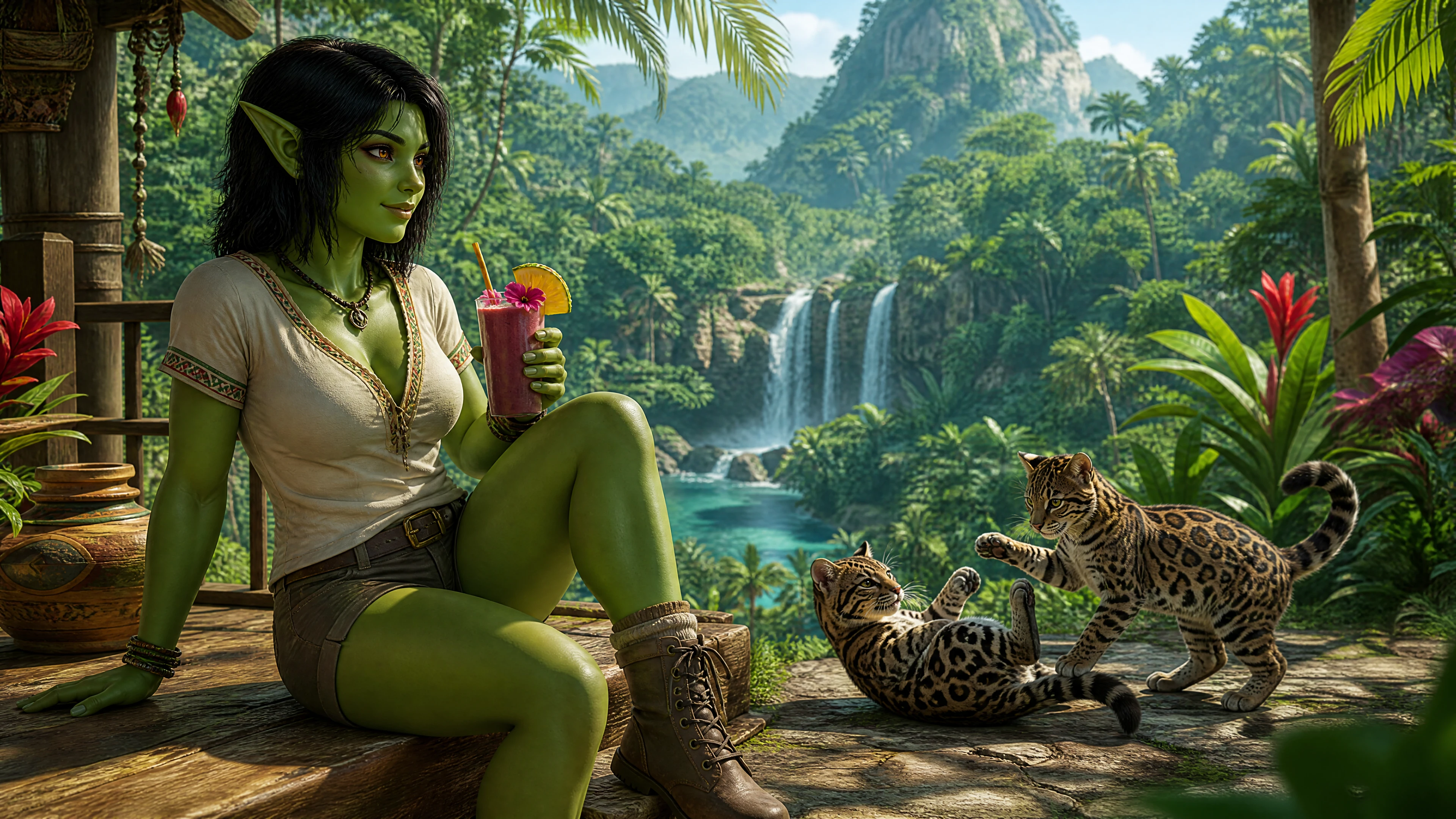Troll donna verde che beve un frullato nella giungla tropicale