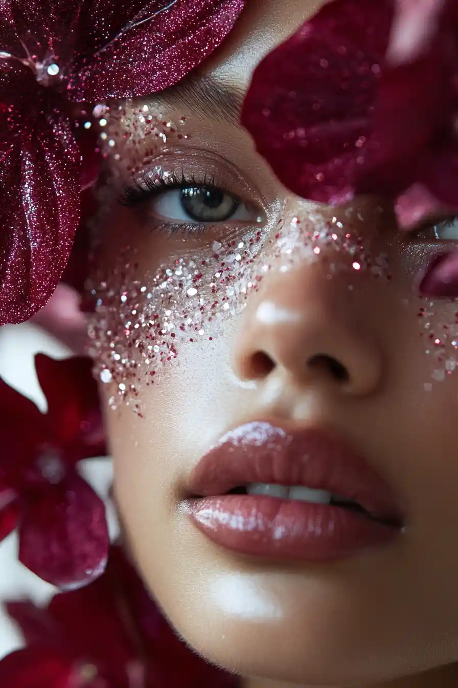Retrato de belleza de moda en primer plano con maquillaje inspirado en flores
