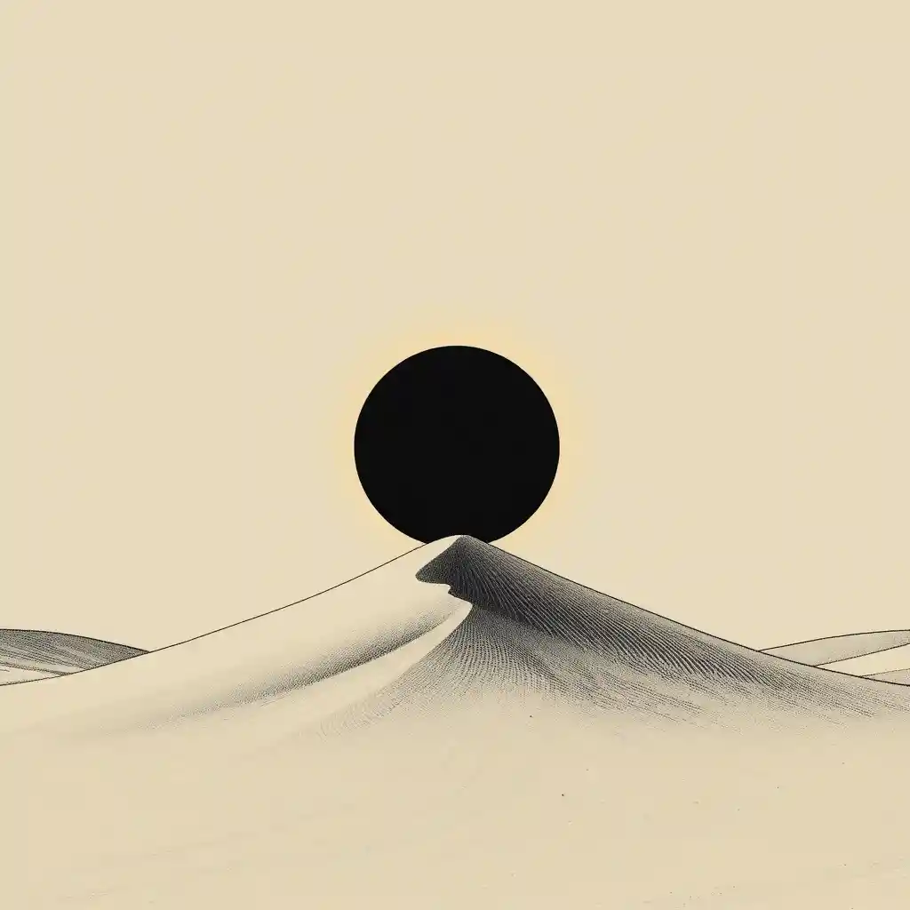 Art linéaire minimaliste d’éclipse solaire au-dessus d’une dune désertique