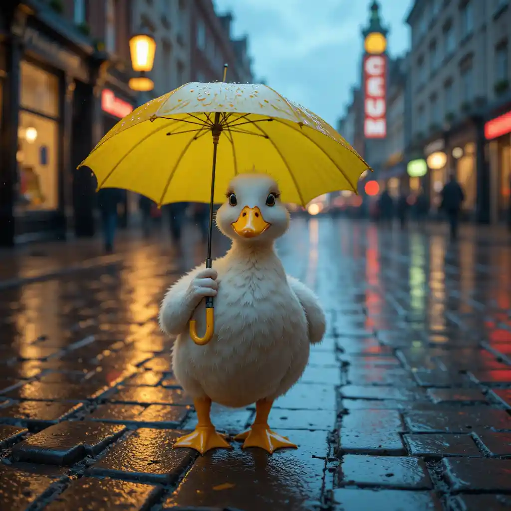 Pato con botas de lluvia amarillas en una calle mojada de Londres