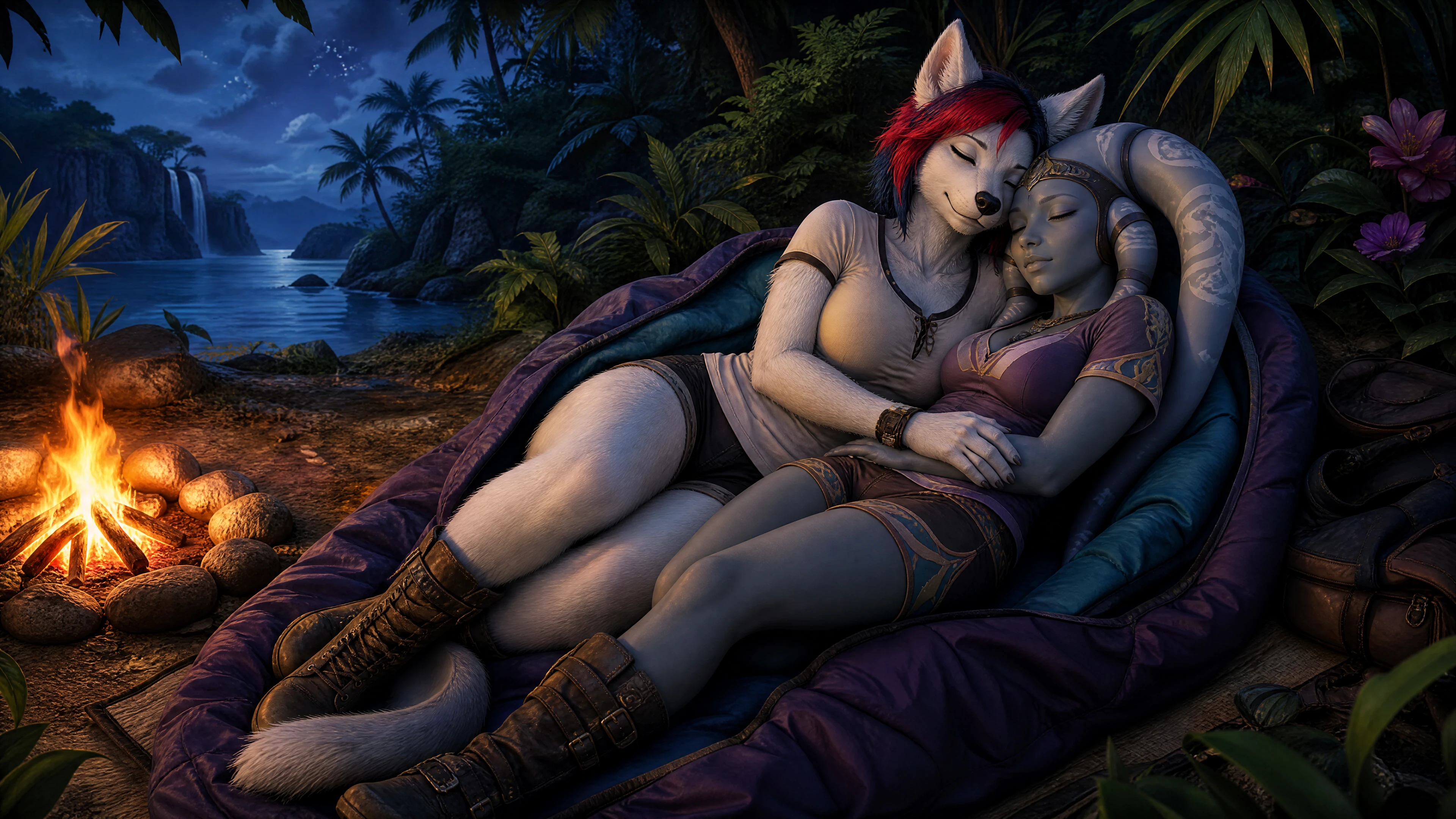 Mulheres de fantasia dormindo juntas ao redor da fogueira
