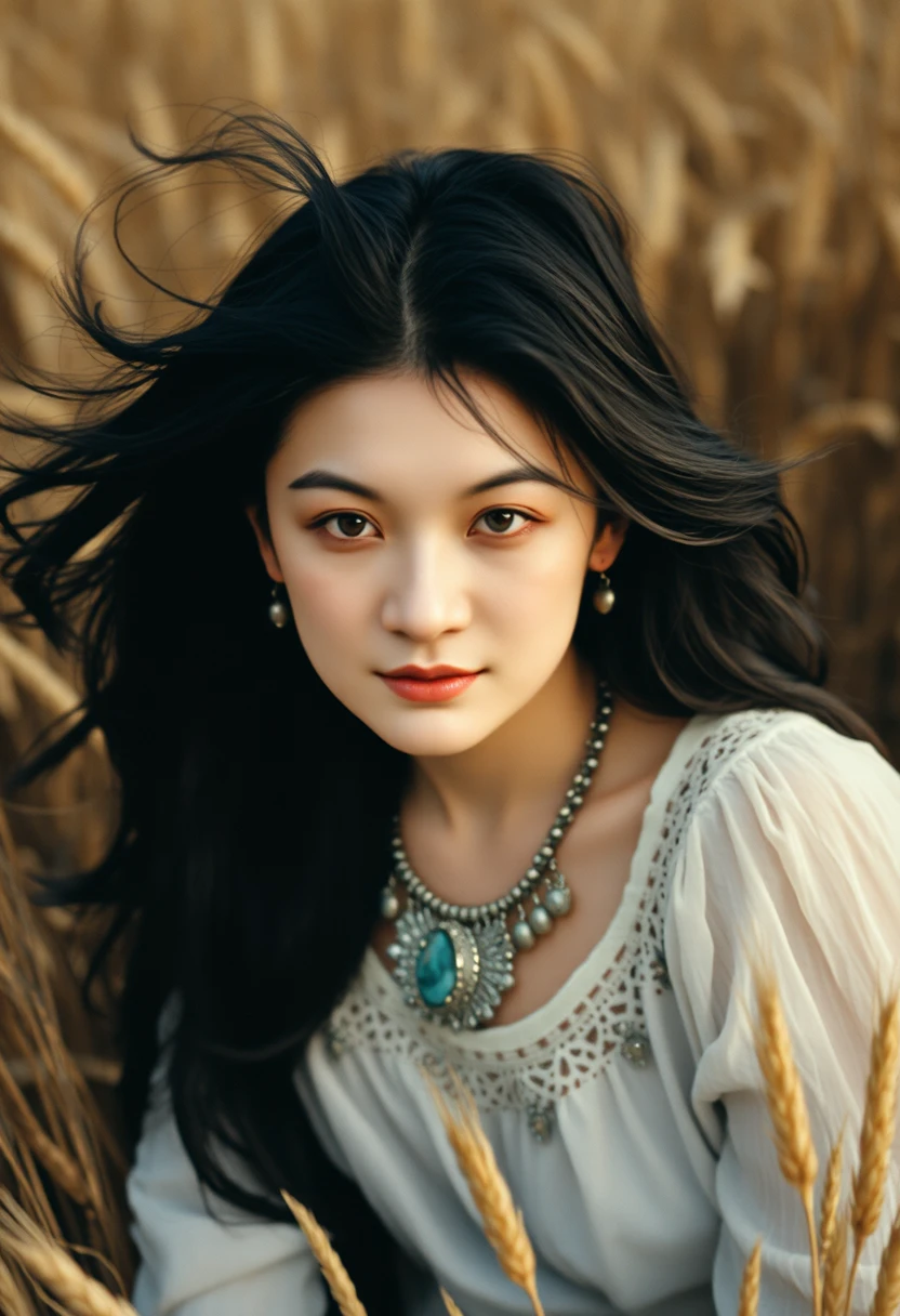 Chica tumbada en un campo de trigo dorado con el pelo al viento