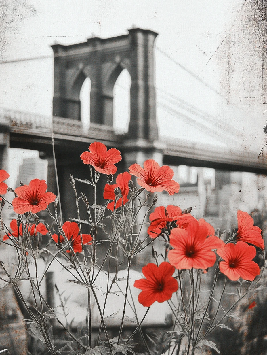 Stencil collage of Brooklyn bridge and floral line drawing