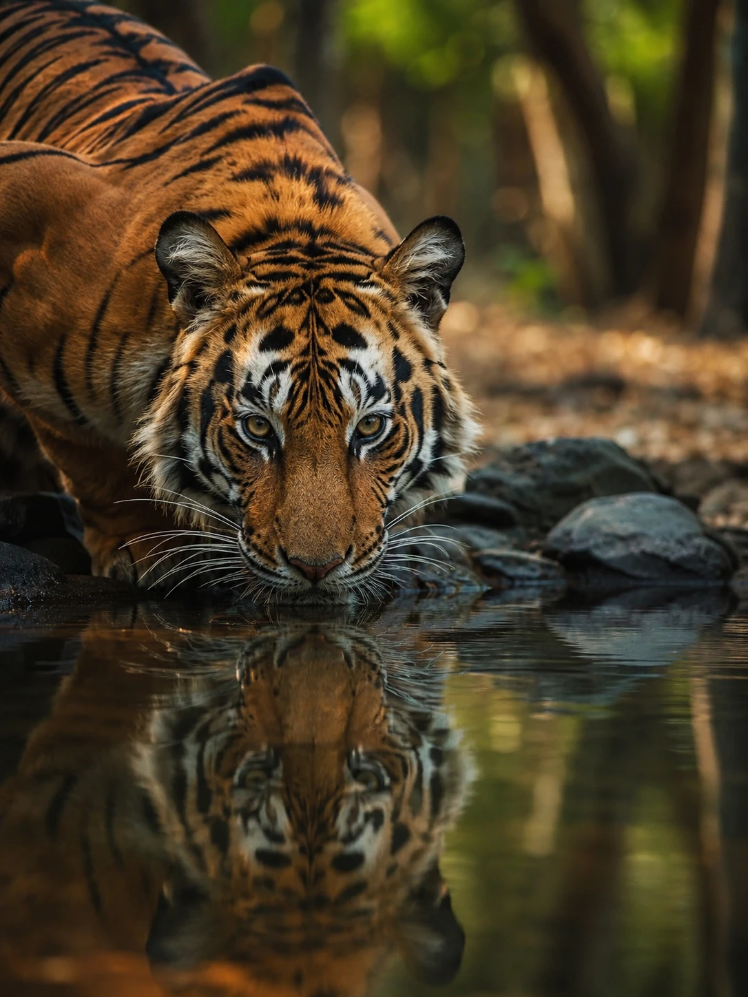 Tiger Gazing At Its Reflection On A Quiet Forest Lake