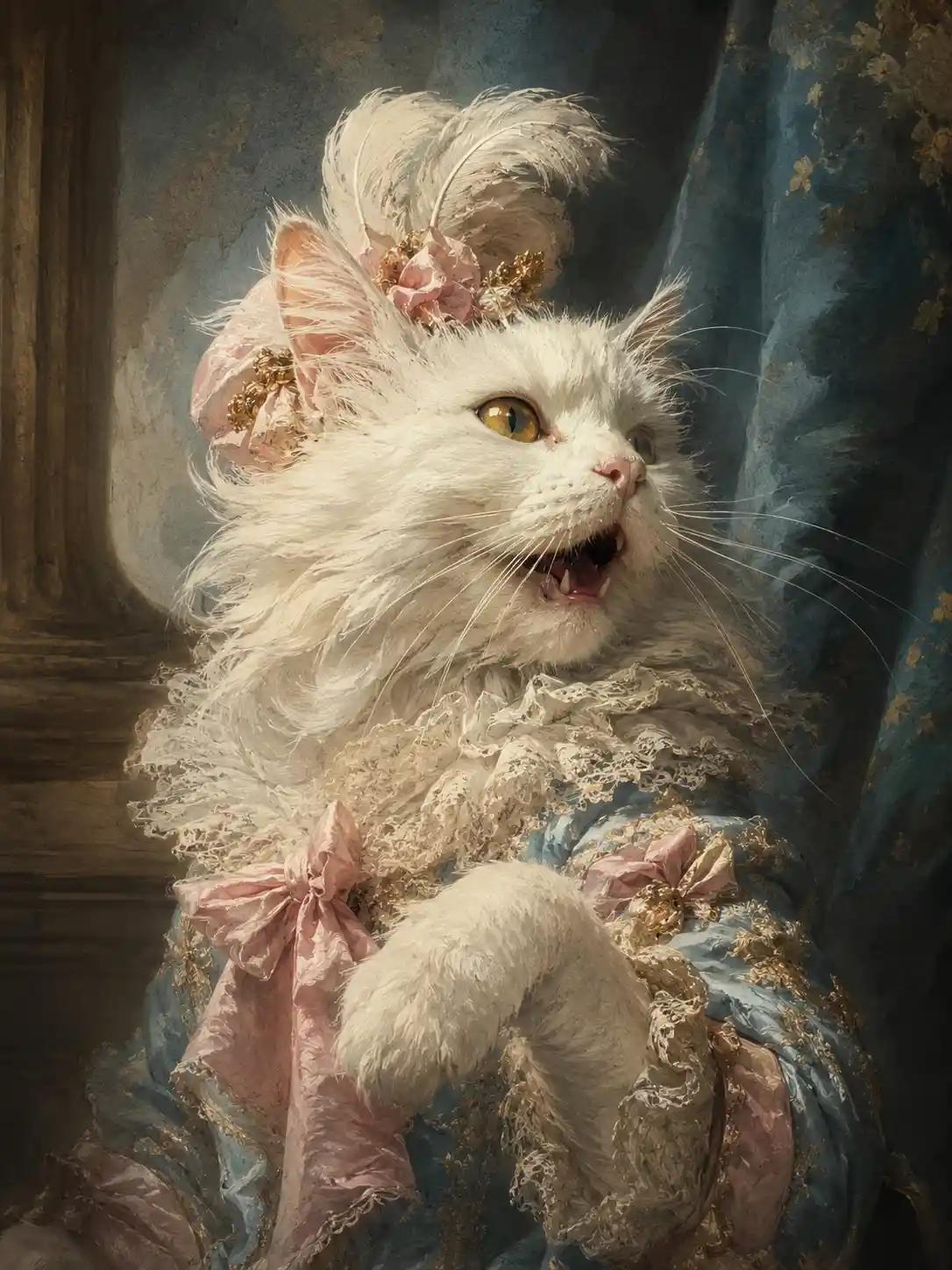 Retrato onírico de gato barroco en suave claroscuro pastel