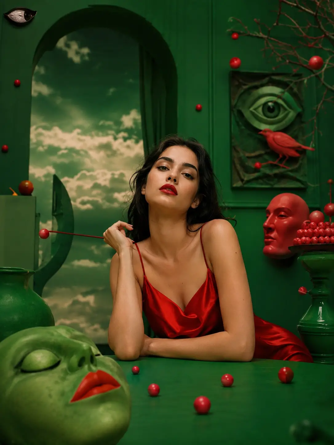Surrealistisches Porträt eines schönen Mädchens in einer lebendigen virtuellen Szene