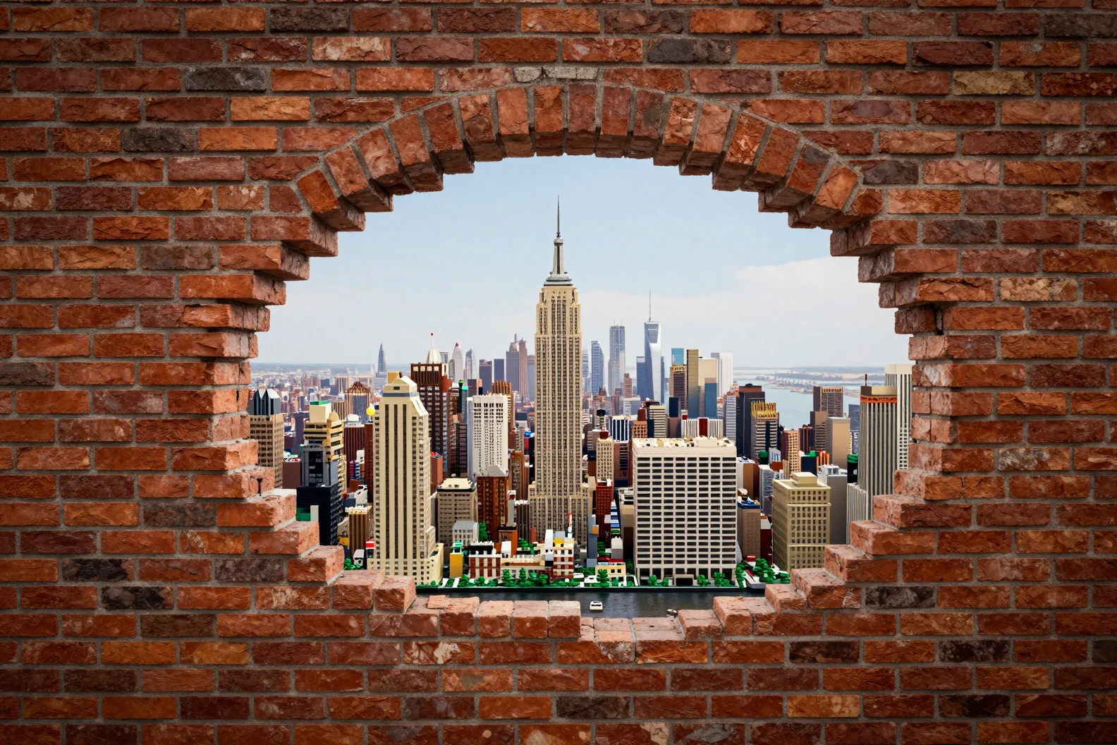 Lego style miniature city viewed through broken brick wall