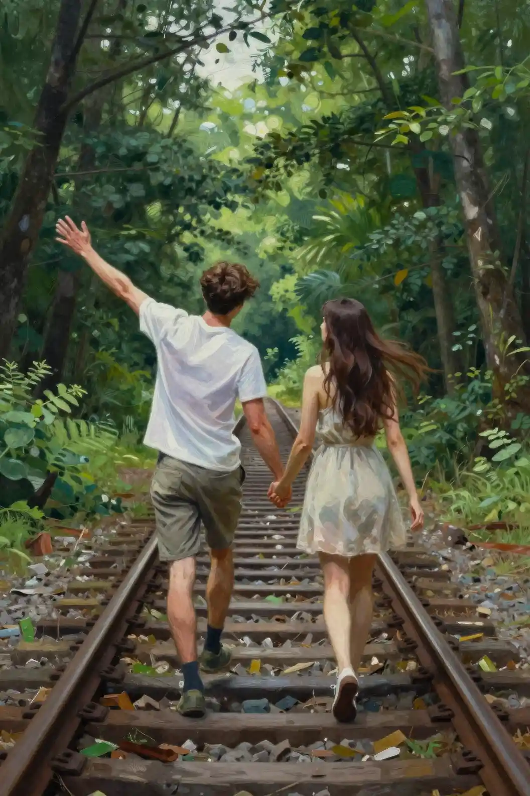 Young couple walking on forest railway in summer light